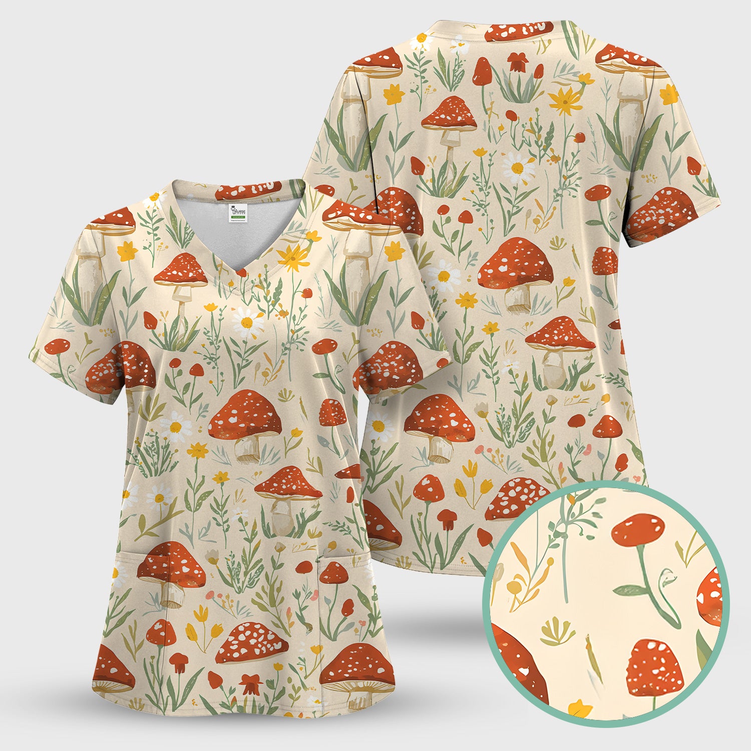 Cute Mushroom Wildflower Pattern Scrub Top, Breathable Fabrics Nursing Uniform