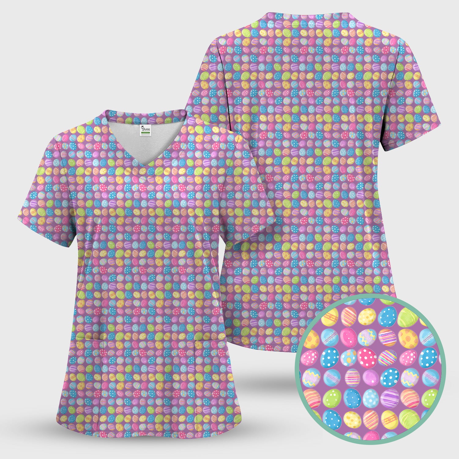 Colorful Easter Eggs Pattern Scrub Top, Comfortable Scrubs for Nurses