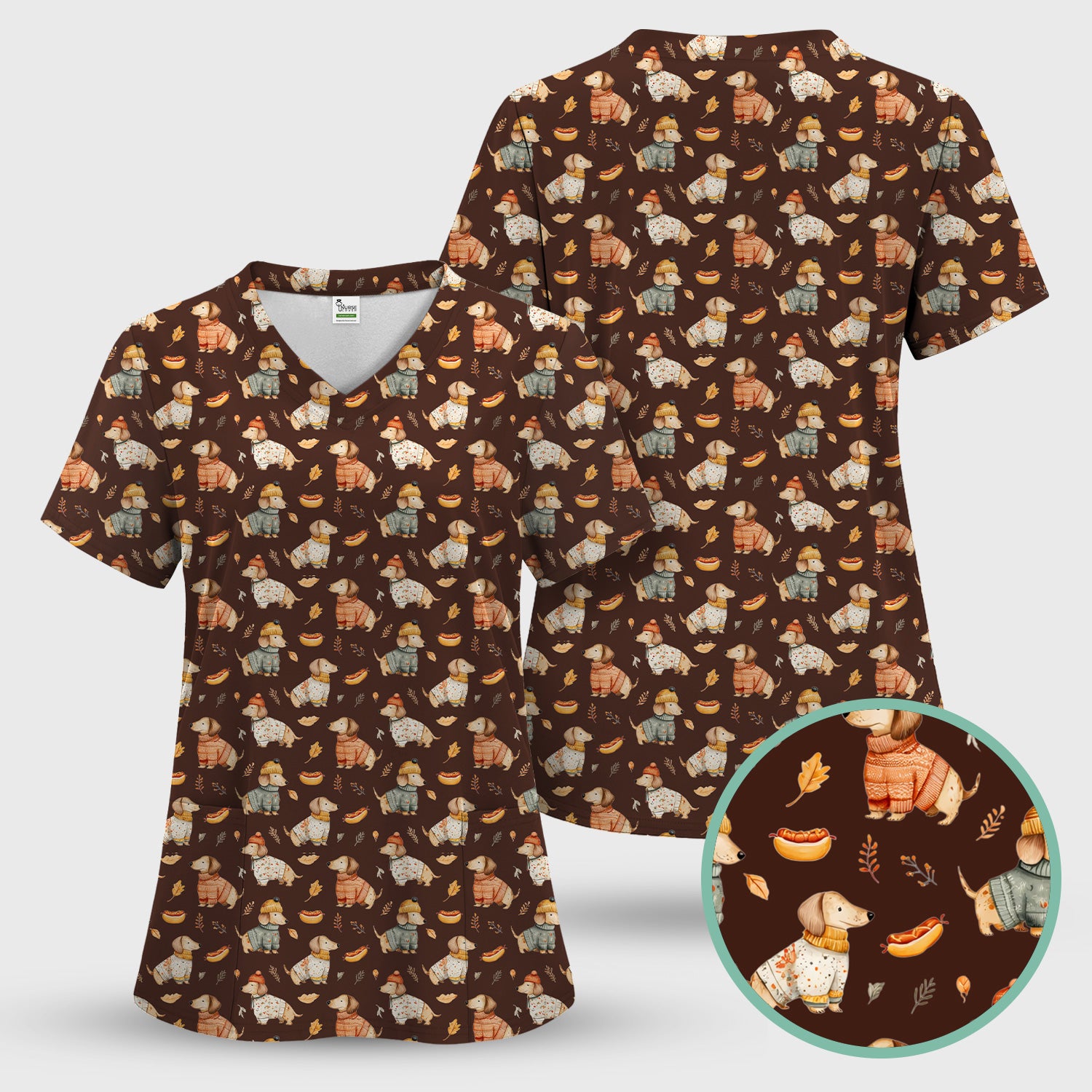 Autumn Dachshund Dog Sweater Print Scrub Top, Comfortable Scrubs for Nurses