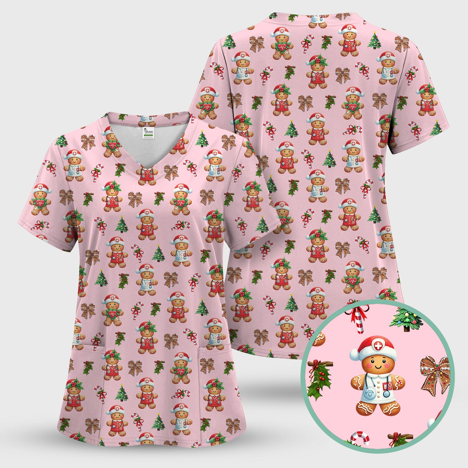 Funny Gingerbread Christmas Scrub Top - Cute Cookie with Bow Shirt - Festive Holiday Scrubs for Women