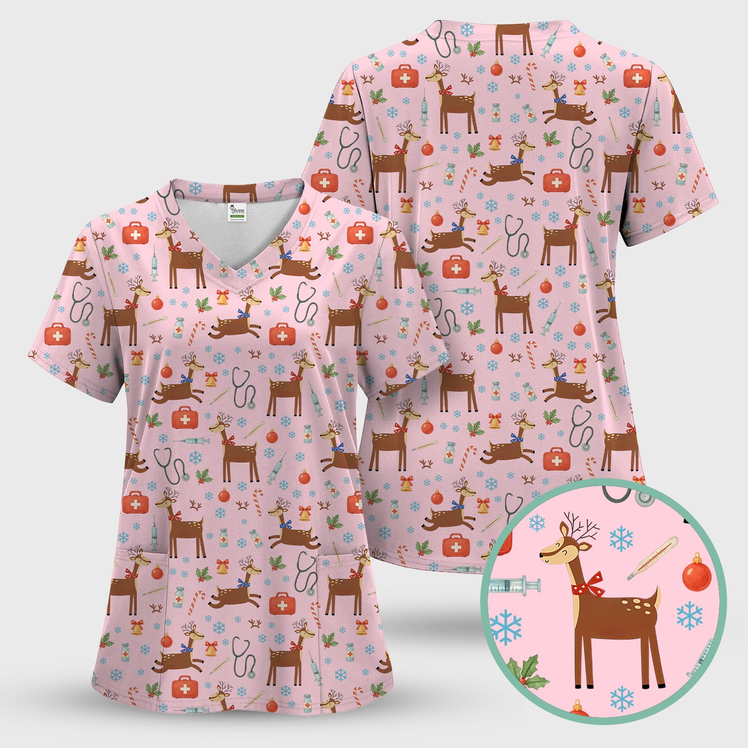 Reindeer Christmas Scrub Top - Snowflakes Candy Canes Holiday Medical Shirt - Xmas Scrubs for Women RN CNA LPN