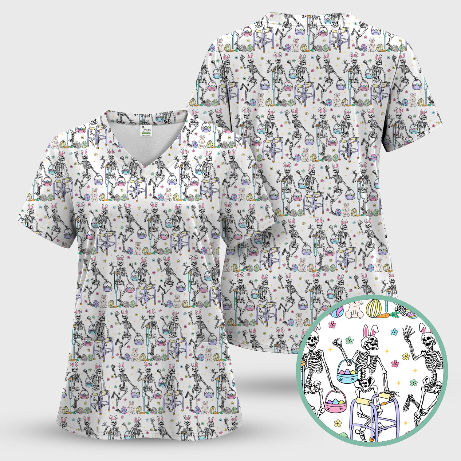 Fun Skeleton Bunny Easter Print Scrub Top, Comfortable Scrubs for Nurses