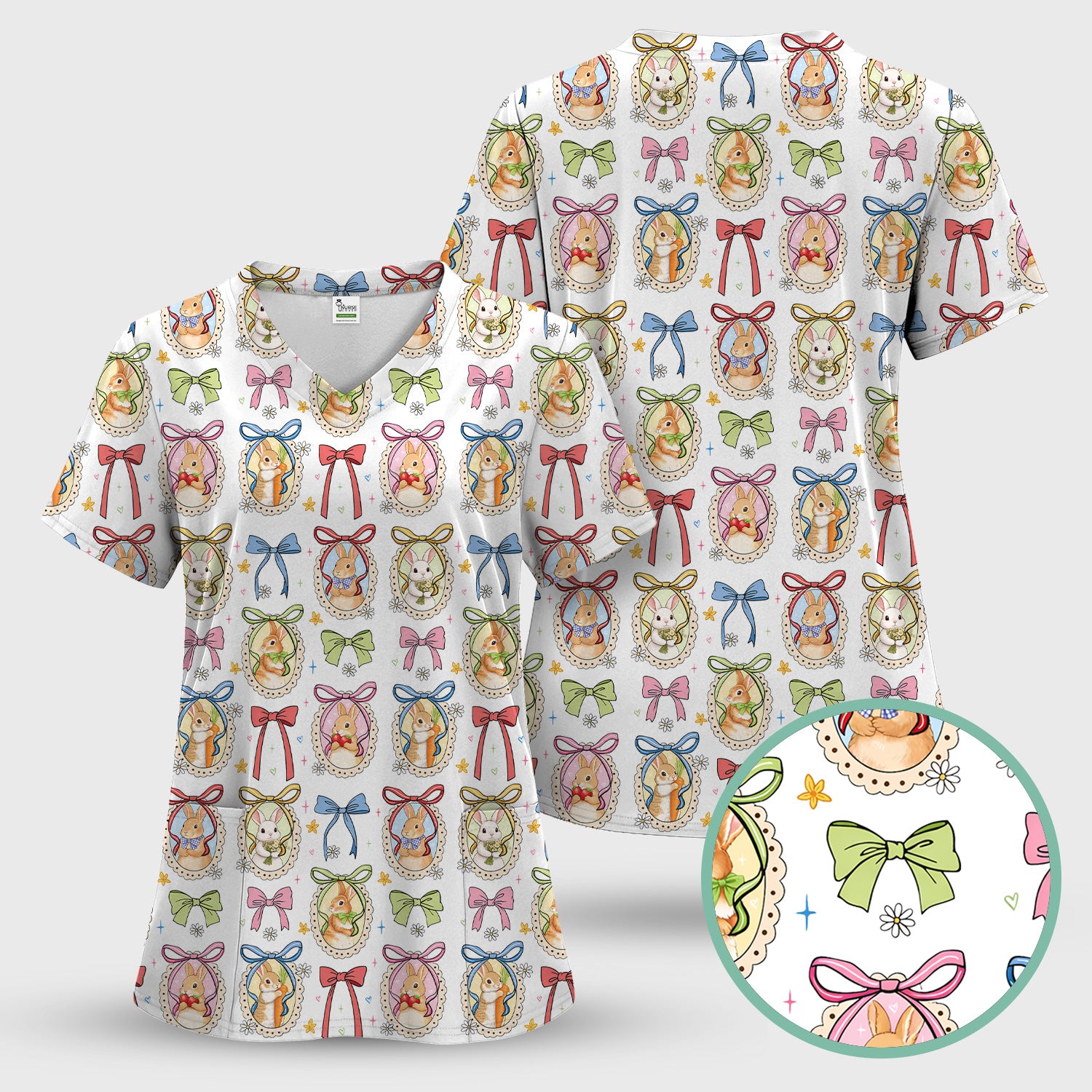 Cute Easter Bunny Cameo Colorful Bow Pattern Scrub Top, Breathable Fabrics Nursing Uniform
