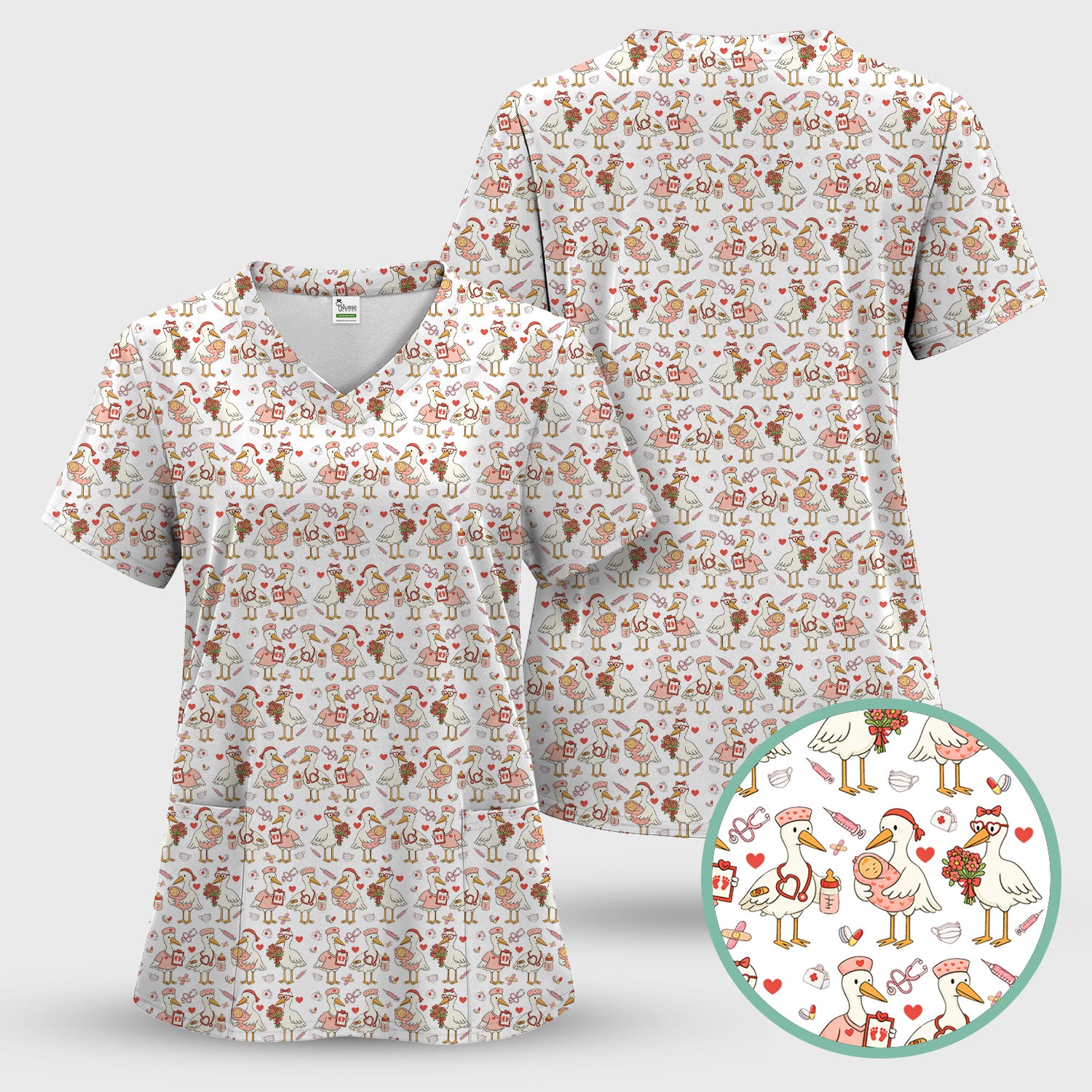 Cute Goose Nurse Valentine Print Scrub Set, Breathable Med Uniform