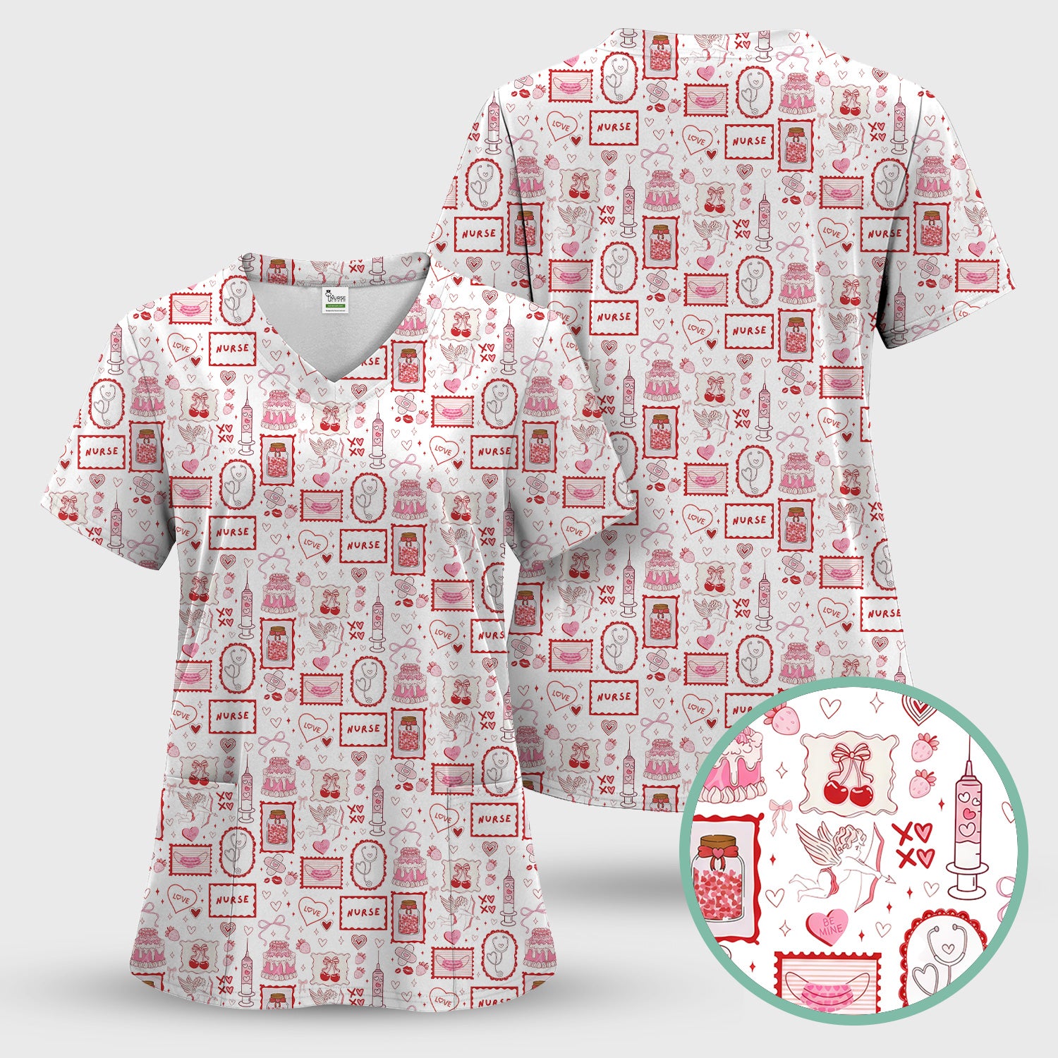 Nurse Icons Hearts Syringes Valentine Scrub Top, Breathable Nursing Uniform