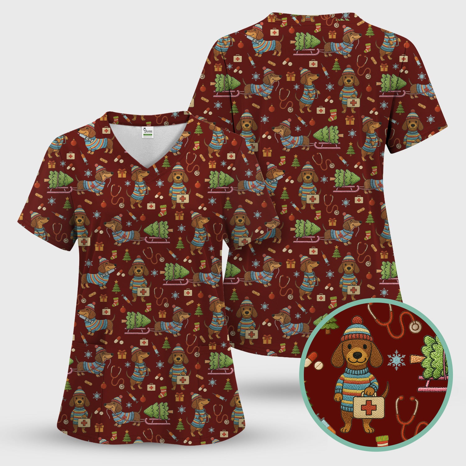 Dachshund Dog Scrub Set For Nurse, Funny Wiener Dog Lover Gift, Cute Dog 3D Knit Pattern Shirt