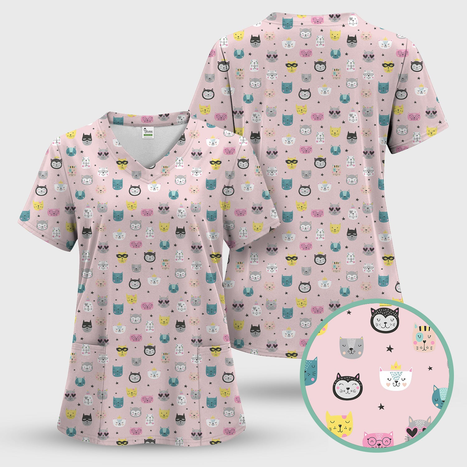 Cute Colorful Cat Pattern Scrub Top, Comfortable Scrubs for Nurses