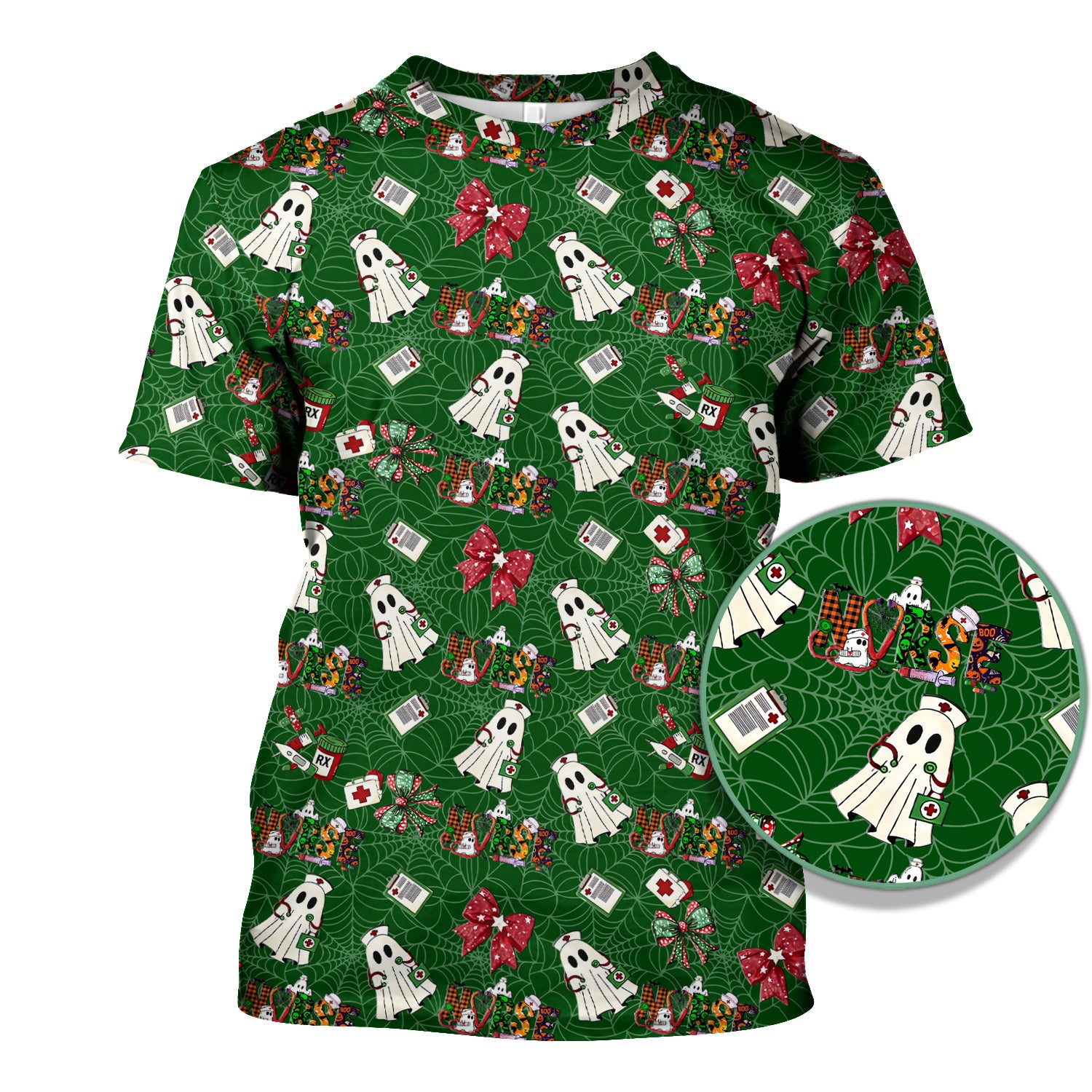 Halloween Nurse Scrub Top for Women - Cute Ghost and Spider Web Scrub Shirt Multi Color - Funny Nursing Work Shirt with Pockets