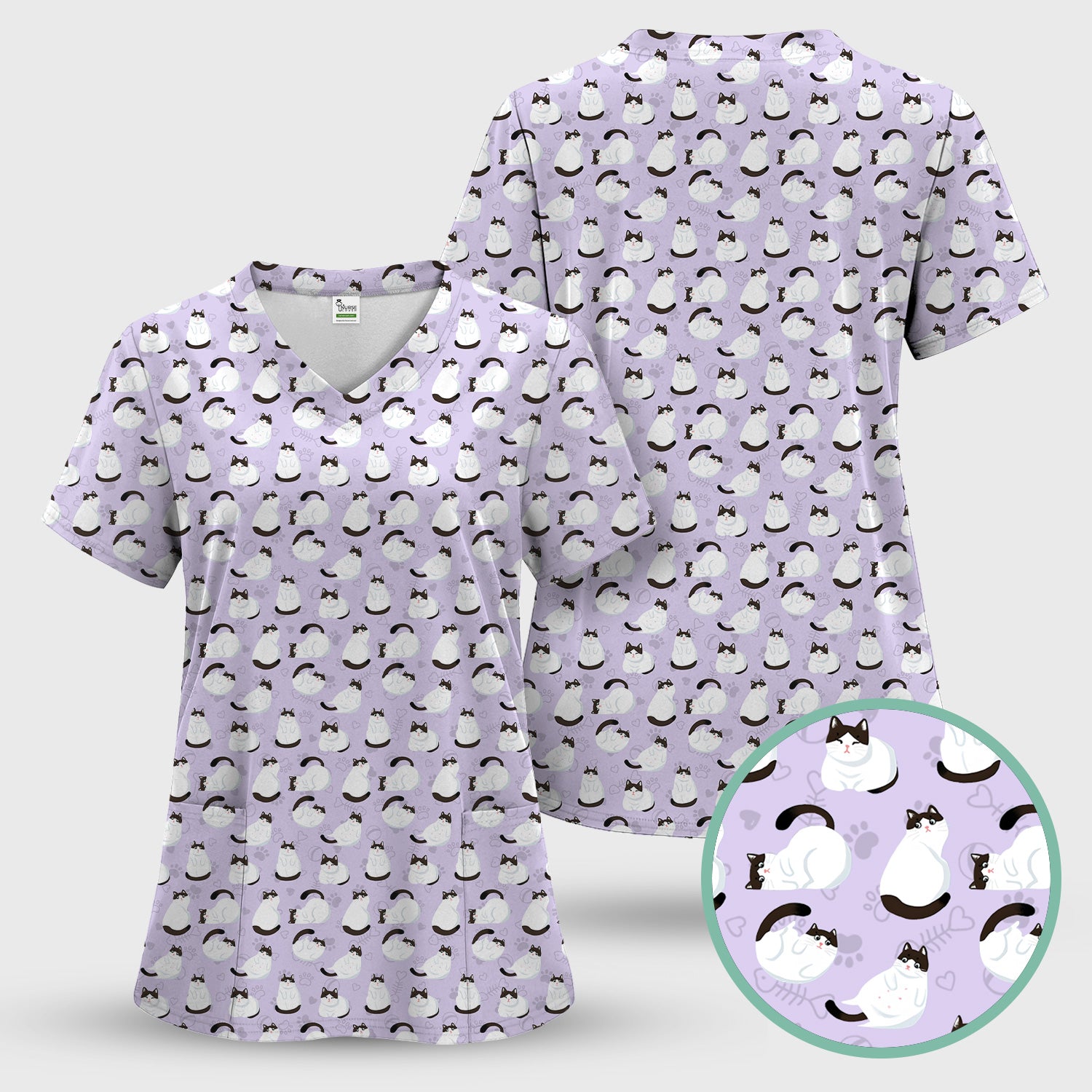 Cute Cat Pattern Medical Scrub Top, Breathable Fabrics Nursing Uniform