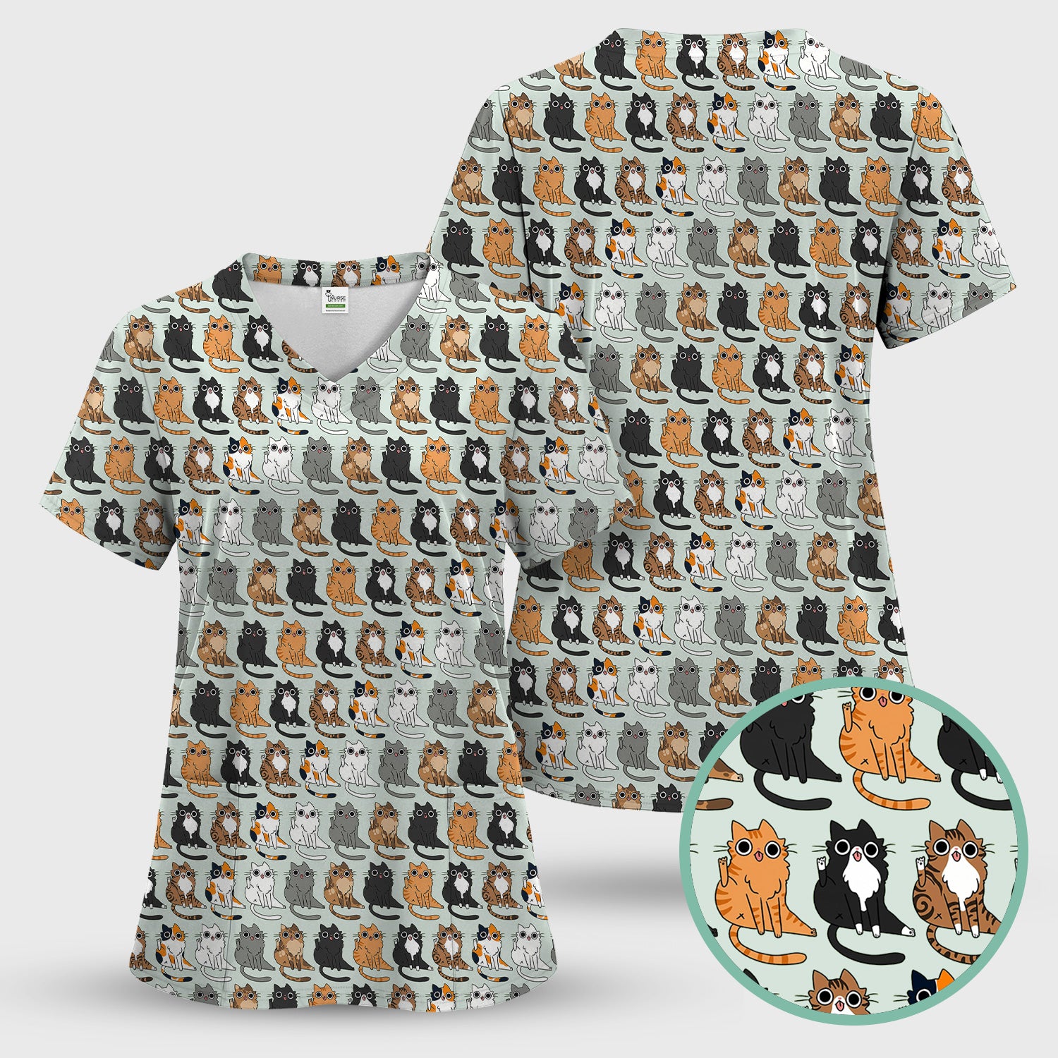 Cute Cartoon Cat Pattern Scrub Top, Comfortable Scrubs for Nurses