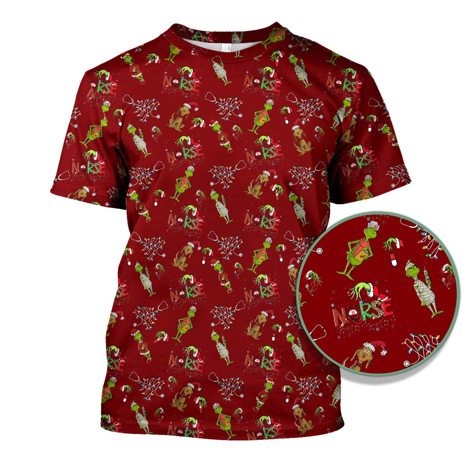 Grinch Christmas Nurse Scrub Shirt - Funny Holiday Scrub Top for Women - Multi Color Nursing Work Shirt with Pockets