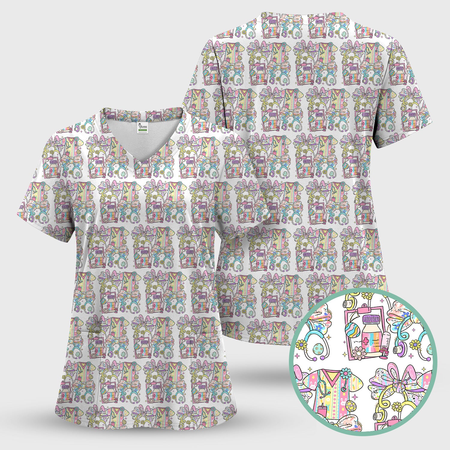 Colorful Nurse Scrub Supplies Pattern Scrub Top, Breathable Fabrics Nursing Uniform