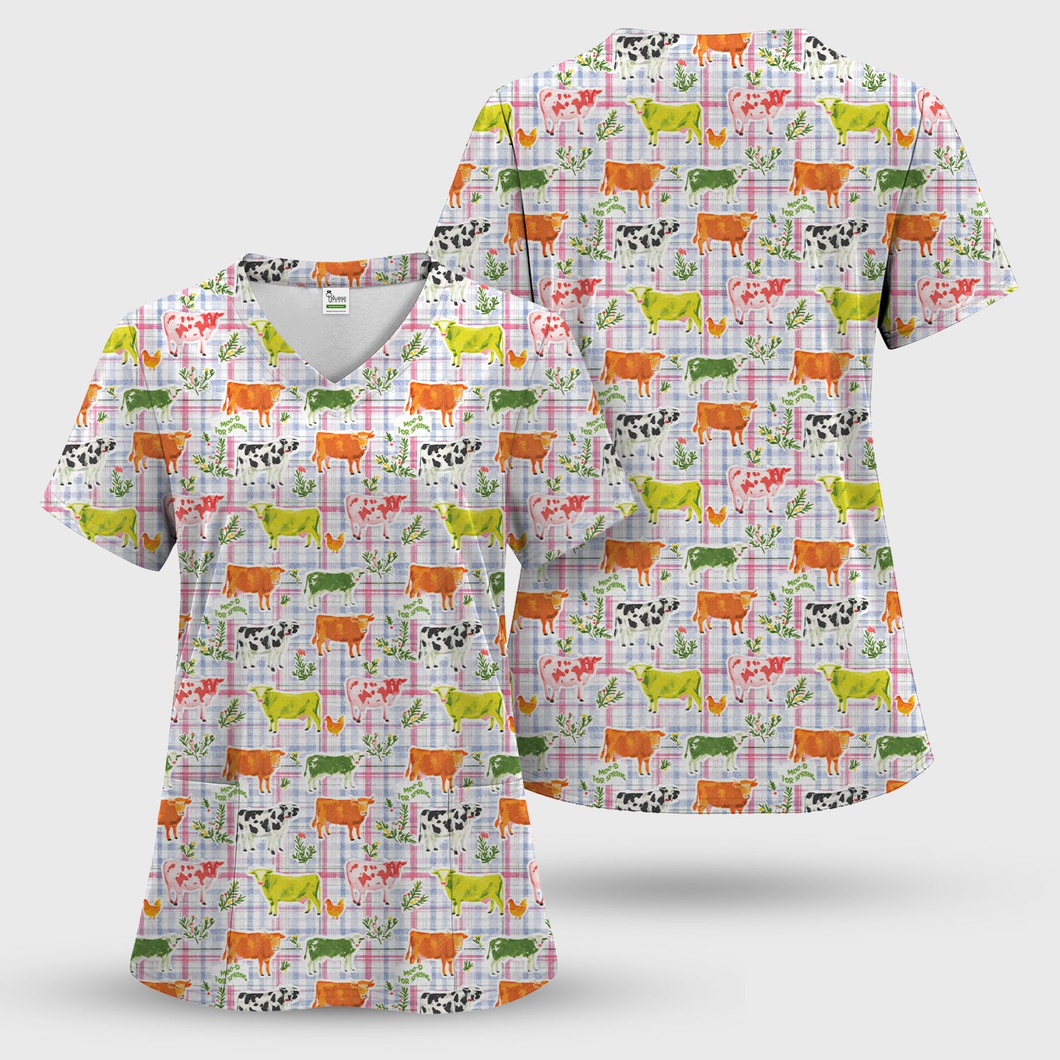 Colorful Farm Cow Plaid Print Scrub Top, Cute Country Scrubs for Nurses
