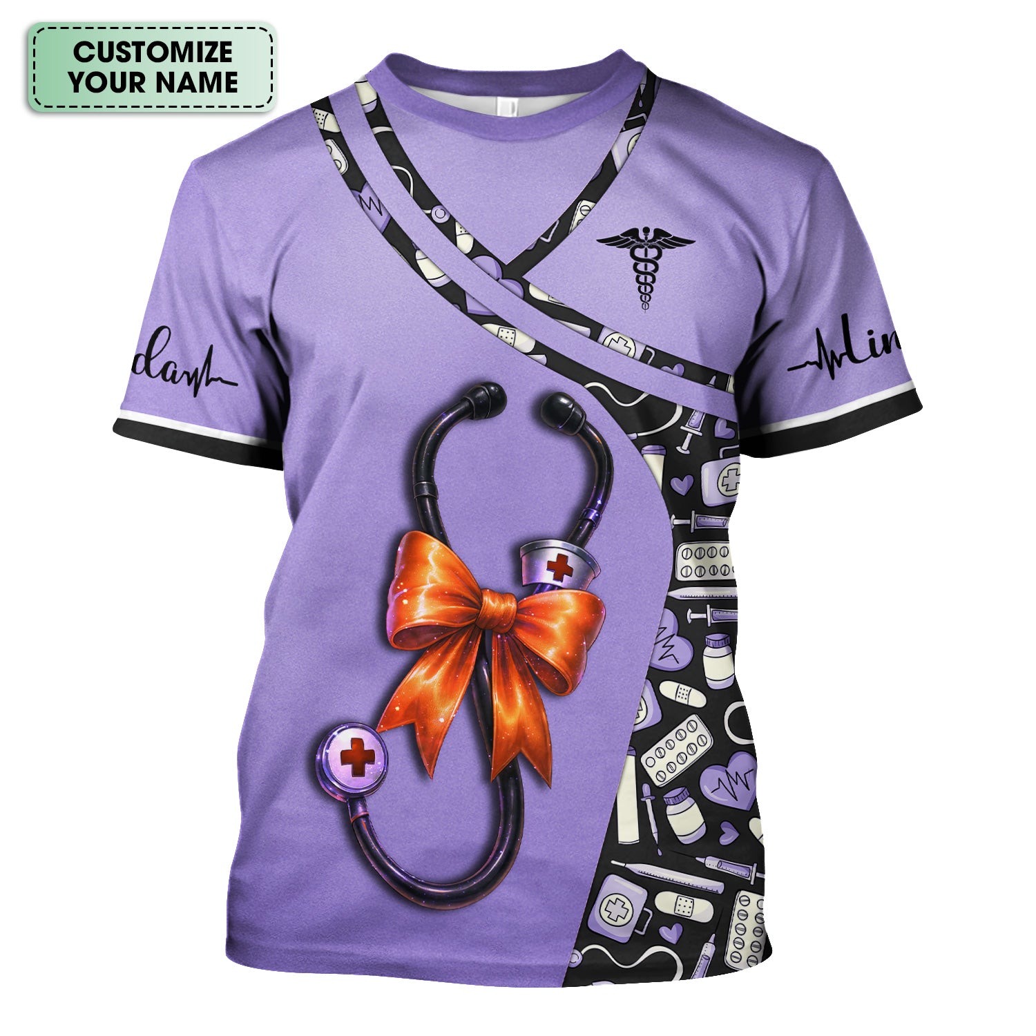 Personalized Halloween Nurse Shirt for Women - Stethoscope Scrub Top with Bow Design - Custom Name RN LPN CNA Gift