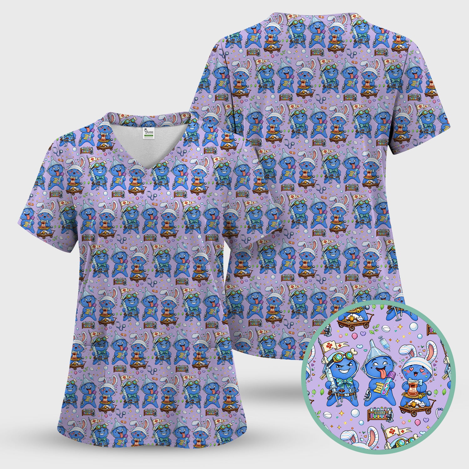 Cute Glove Doll Hospital Medical Cartoon Nurse Pattern Scrub Set, Women's Scrub Sets