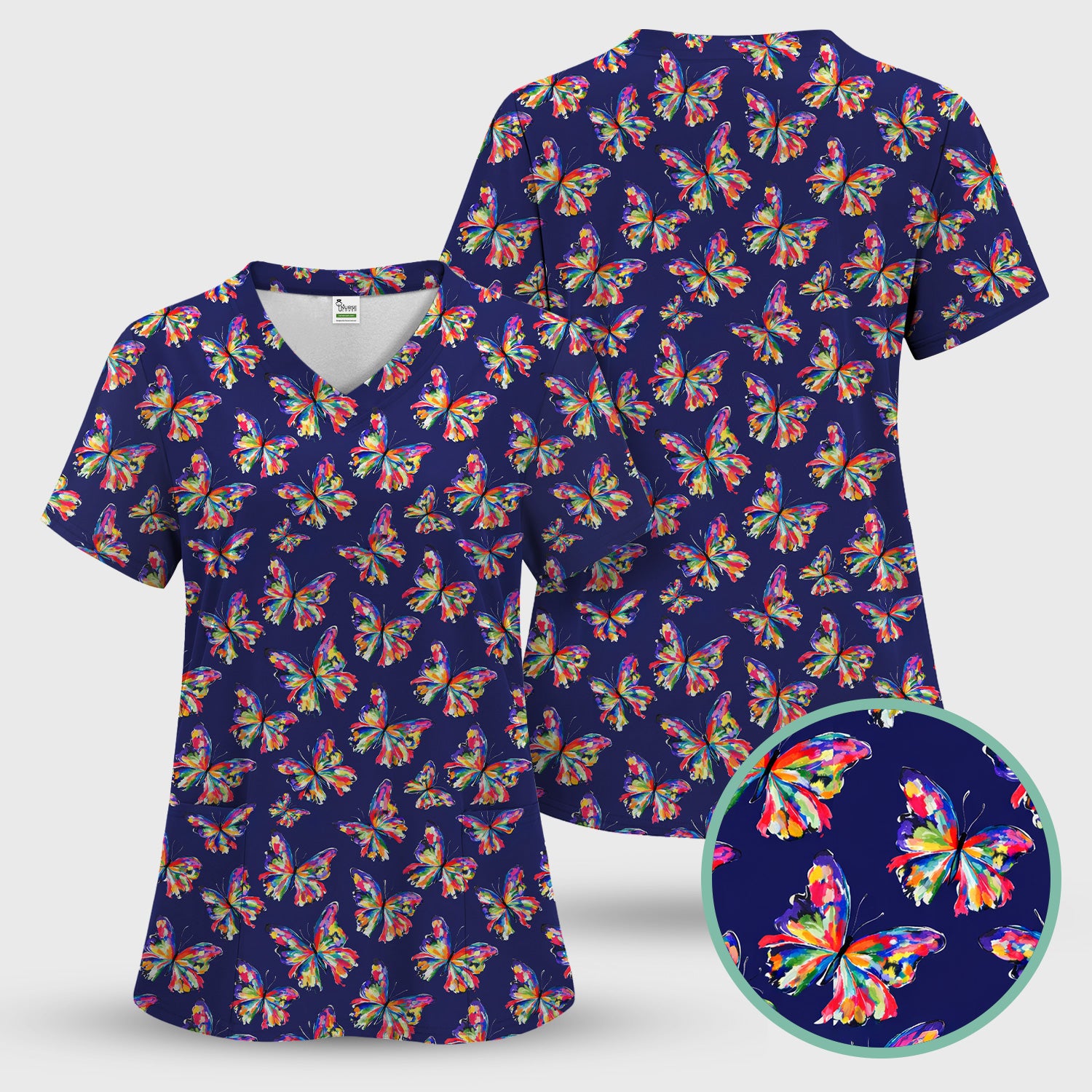 Vibrant Rainbow Butterfly Pattern Scrub Top, Comfortable Scrubs for Nurses