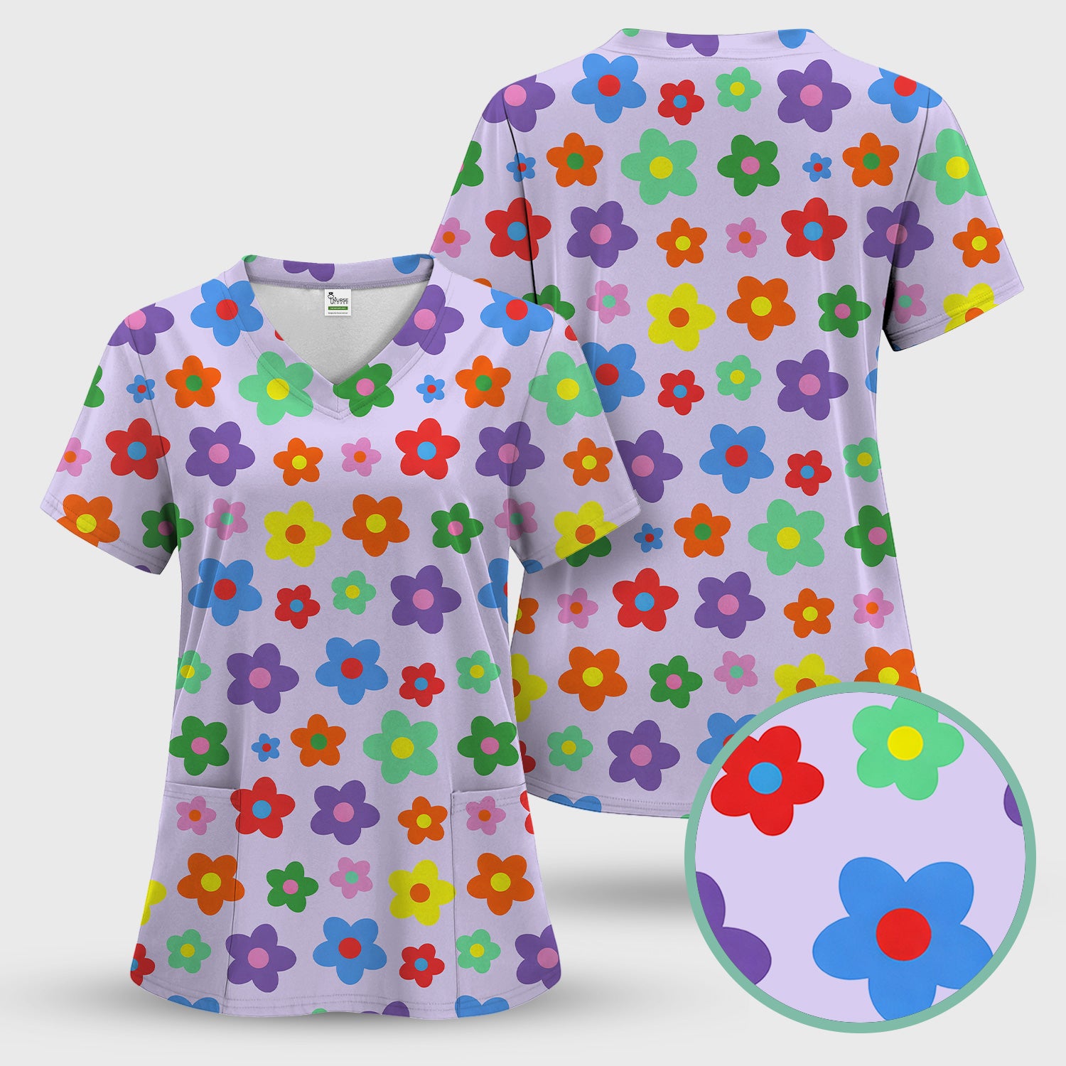 Colorful Retro Flower Pattern Print Scrub Top, Breathable Fabrics Nursing Uniform