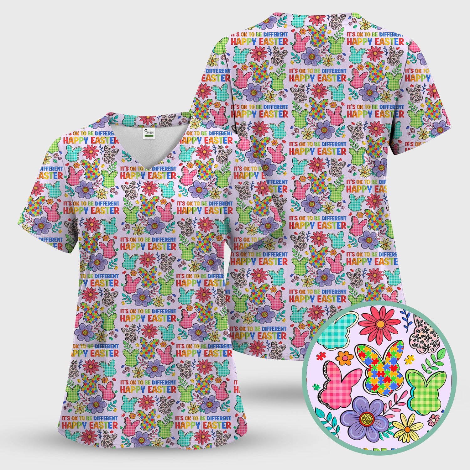 Happy Easter Bunny Floral Print Scrub Top, Breathable Fabrics Nursing Uniform