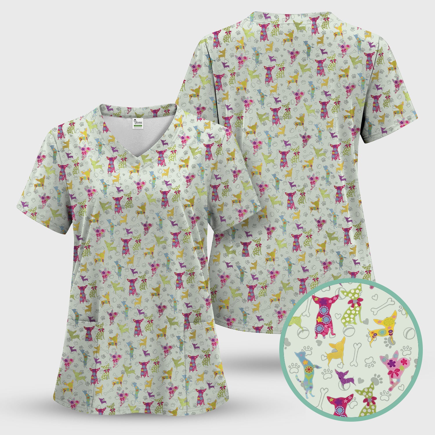 Colorful Playful Dog Print Nurse Scrub Top, Comfortable Scrubs for Nurses
