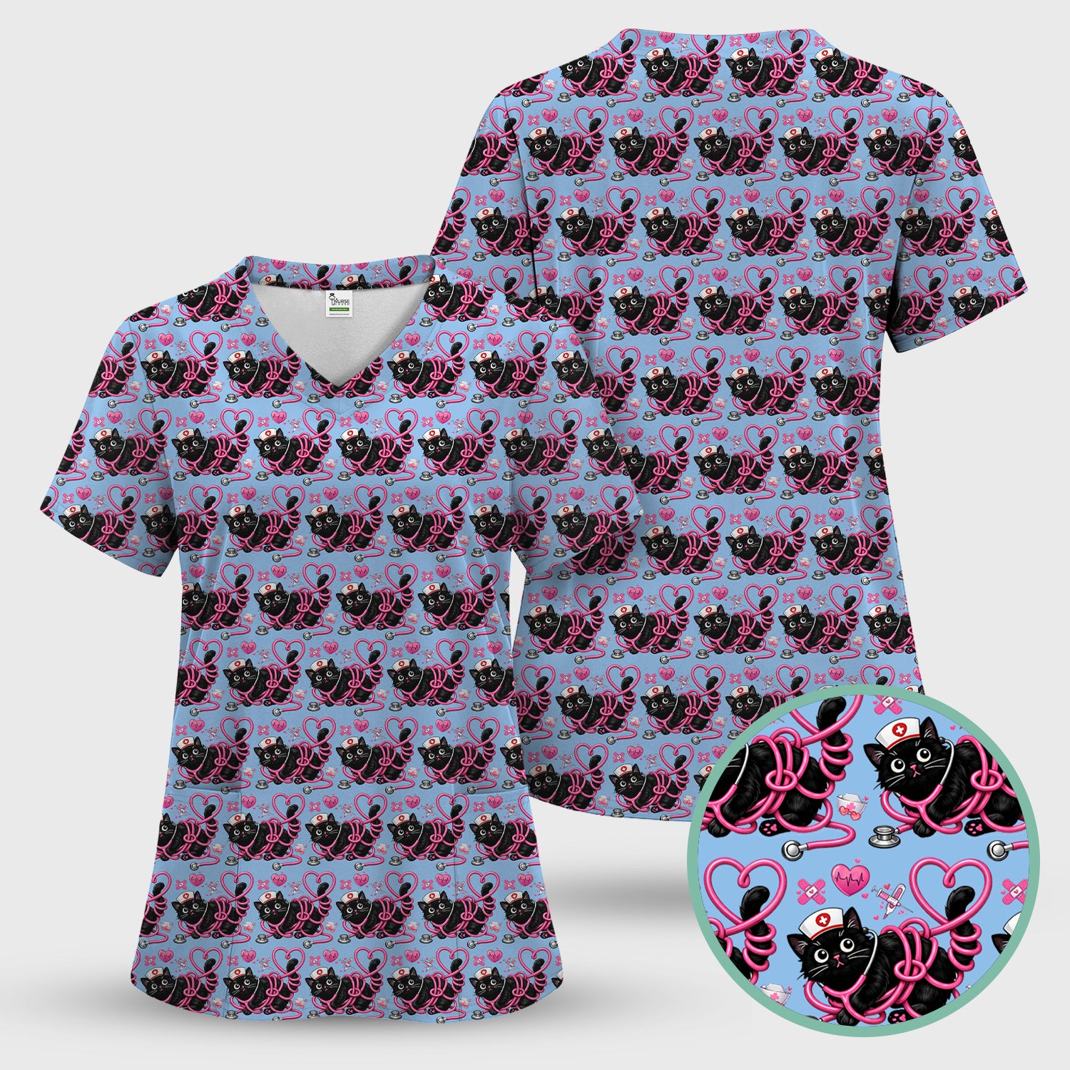 Valentine Cute Cat Nurse Heart Print Scrub Top, Comfortable Scrubs for Nurses