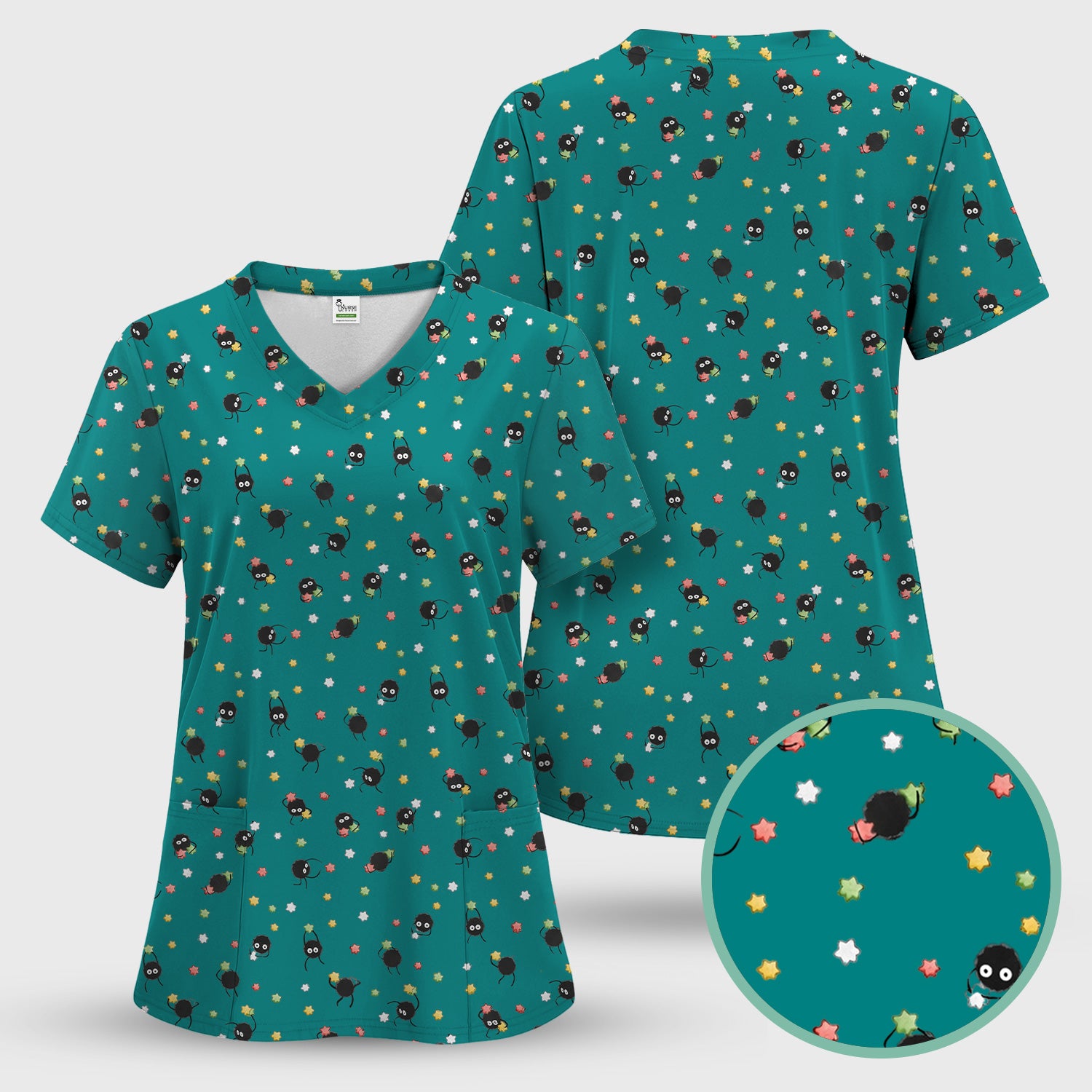 Funny Spider Pattern Pattern Pattern Scrub Top, Cartoon Spider Pattern Nursing Uniform For Women