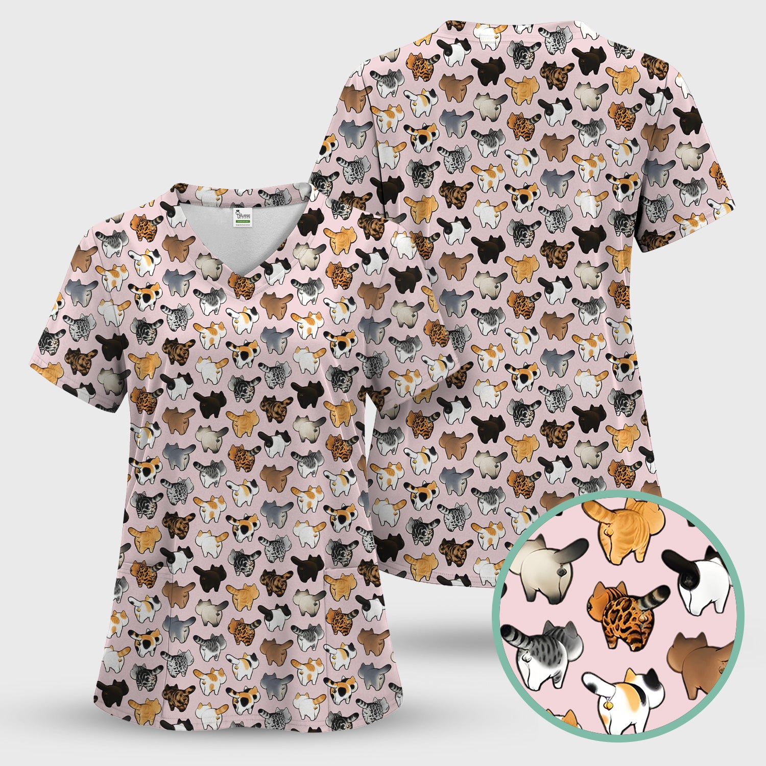 Cat Butt Pattern Medical Scrub Top, Breathable Fabrics Nursing Uniform