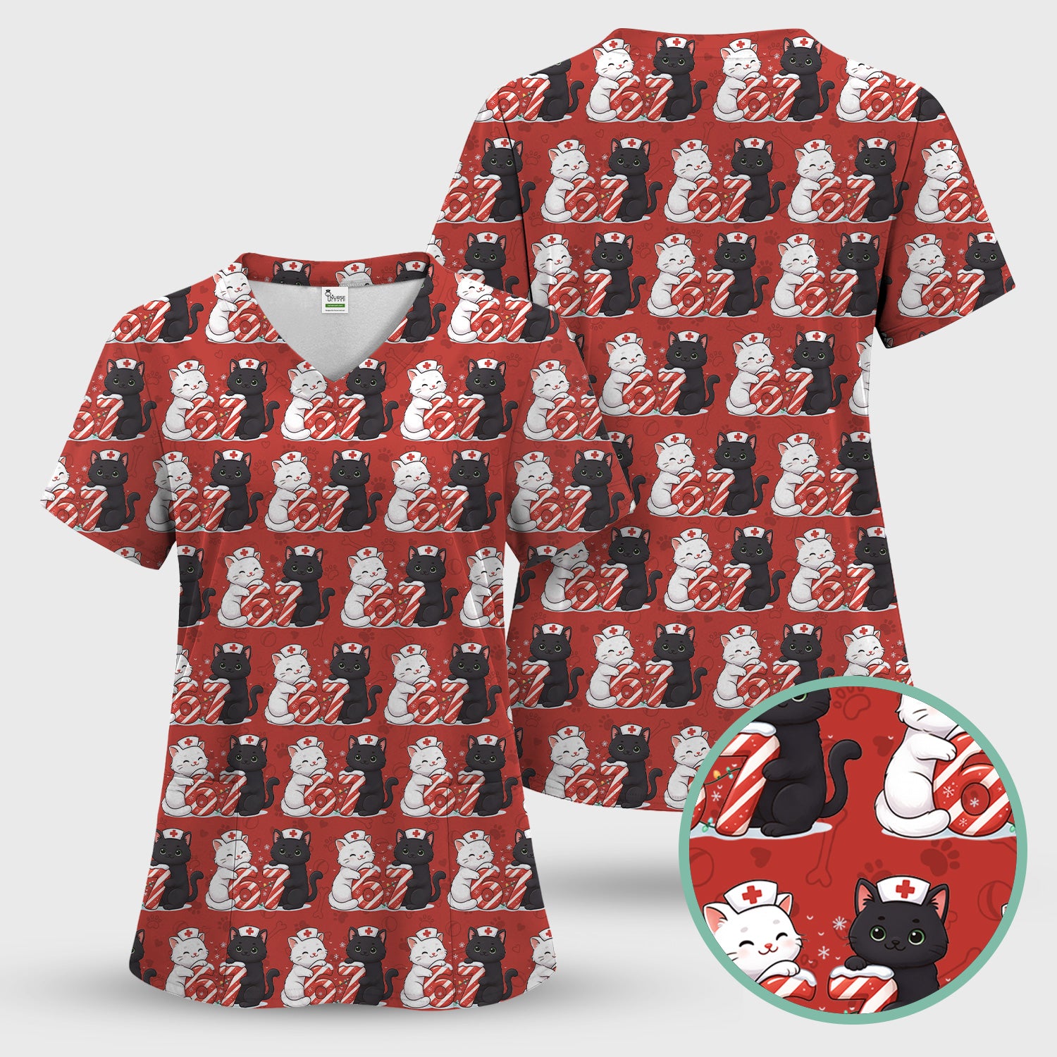 Xmas Cat Pattern Scrub Top, Christmas Nurse Six Seven With Cat Scrub Shirt, Breathable Fabrics Nursing Uniform
