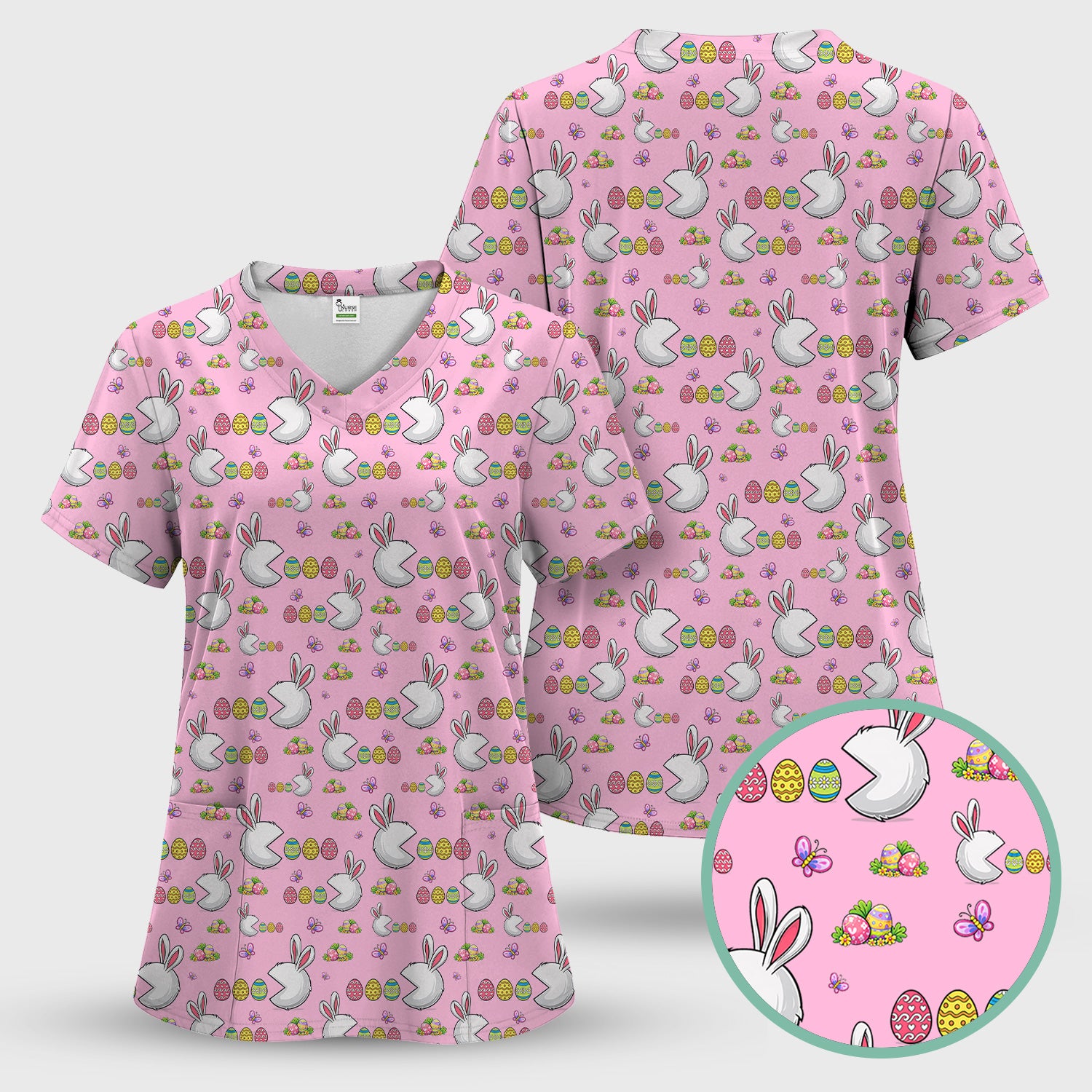Easter Bunny and Colorful Eggs Print Scrub Top, Breathable Fabrics Nursing Uniform