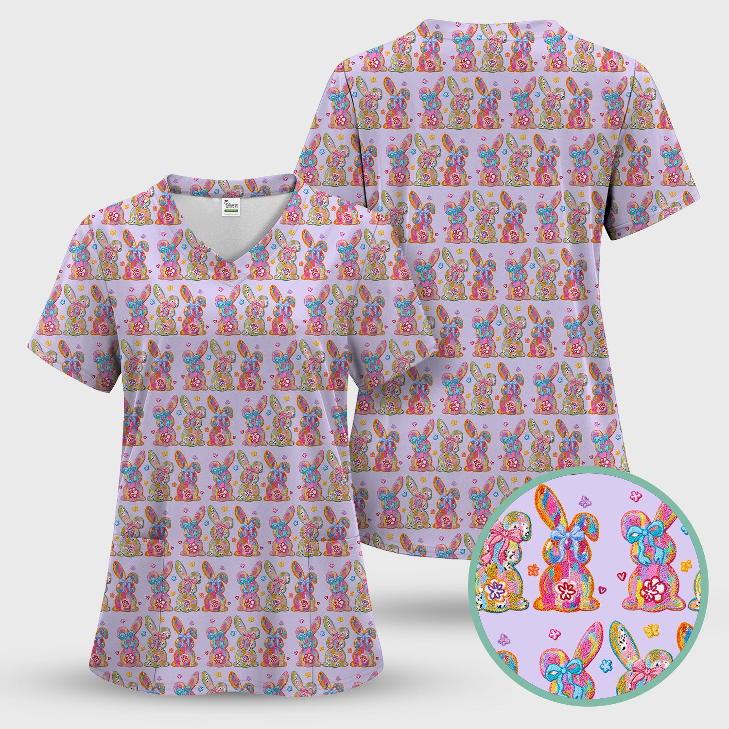 Cute Pastel Bunny Floral Pattern Scrub Top, Comfortable Scrubs for Nurses, Easter