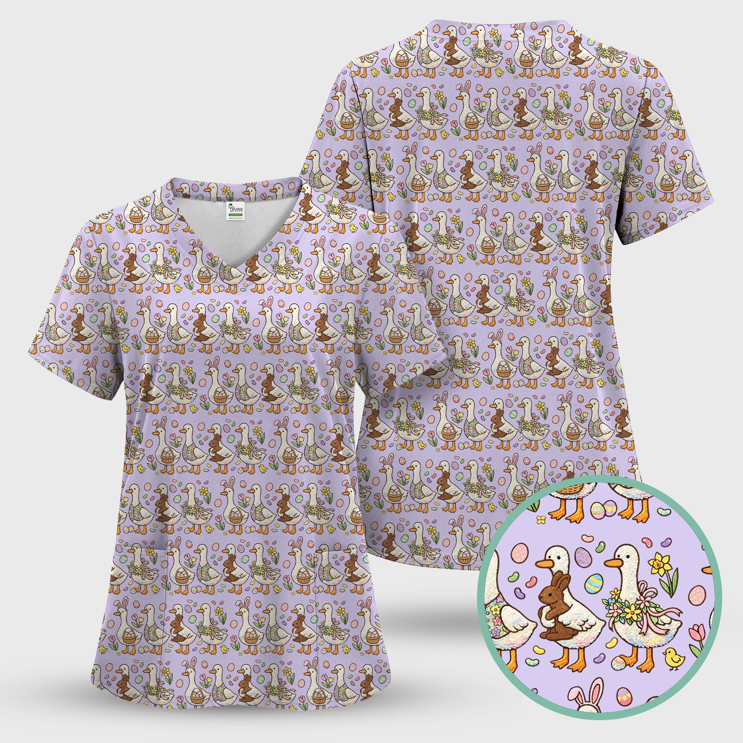 Easter Theme Duck and Bunny Egg Floral Print Scrub Top, Comfortable Scrubs for Nurses
