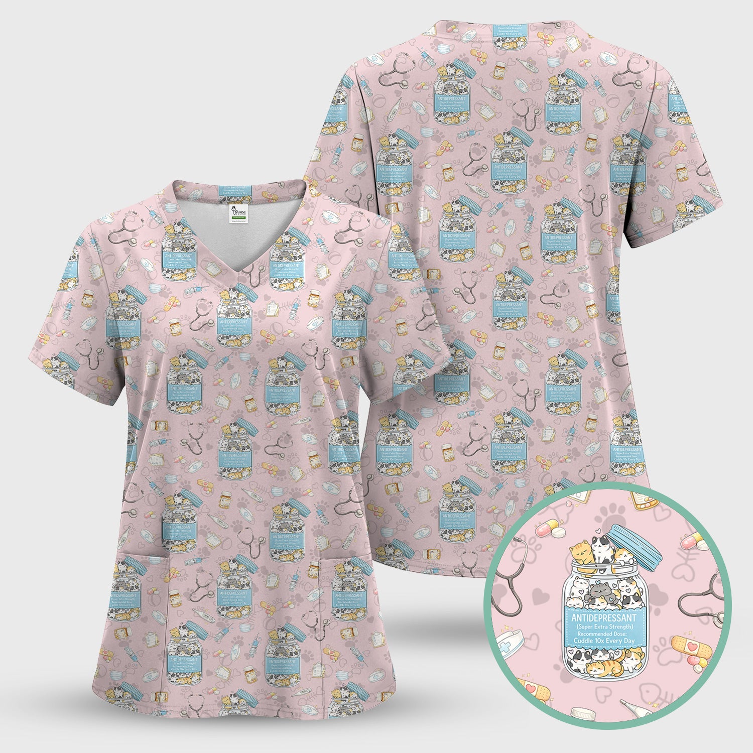 Cute Antidepressant Cat Jar Print Nurse Scrub Top, Breathable Fabrics Nursing Uniform