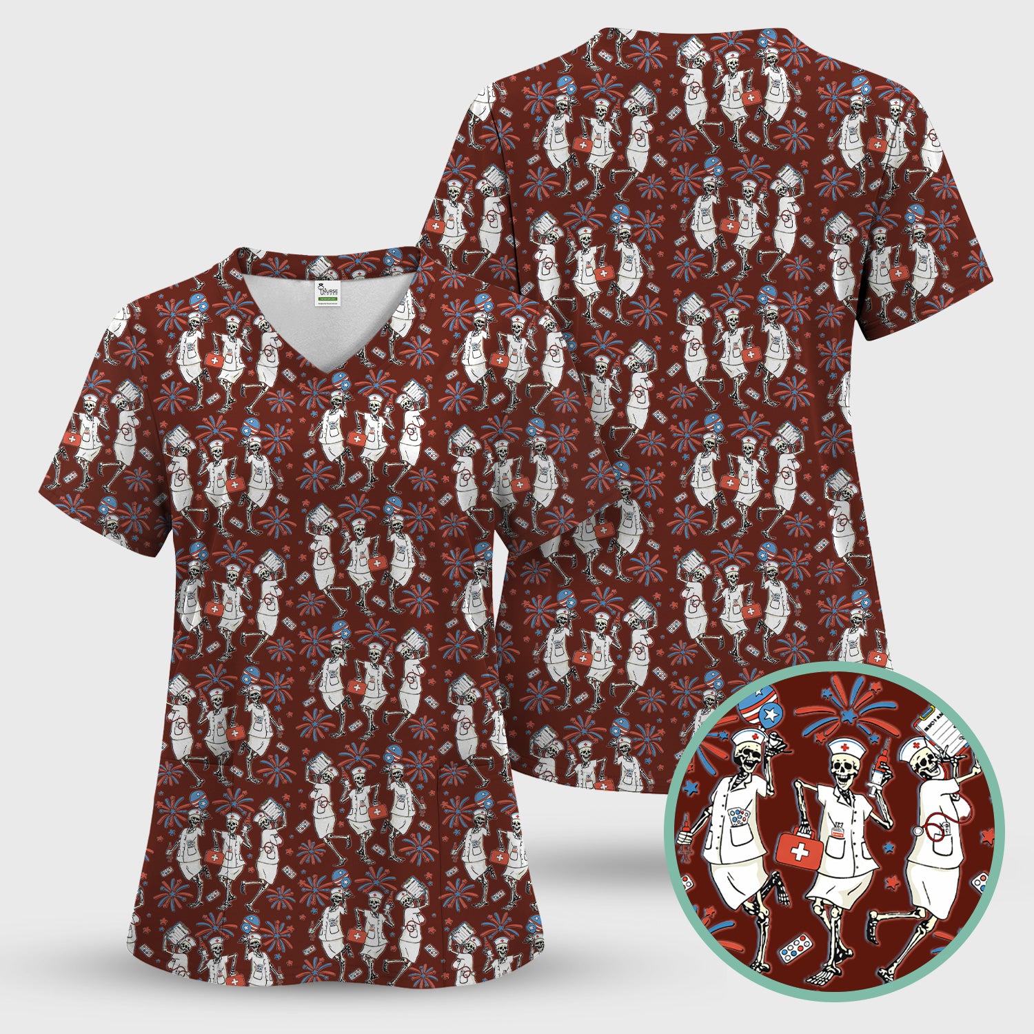Funny Skeleton Nurse Patriotic Print Scrub Set, Scrub Pants and V Neck Top