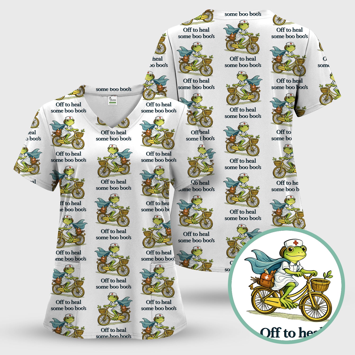 Funny Frog Nurse Cycling Pattern Scrub Top, Comfortable Scrubs for Nurses