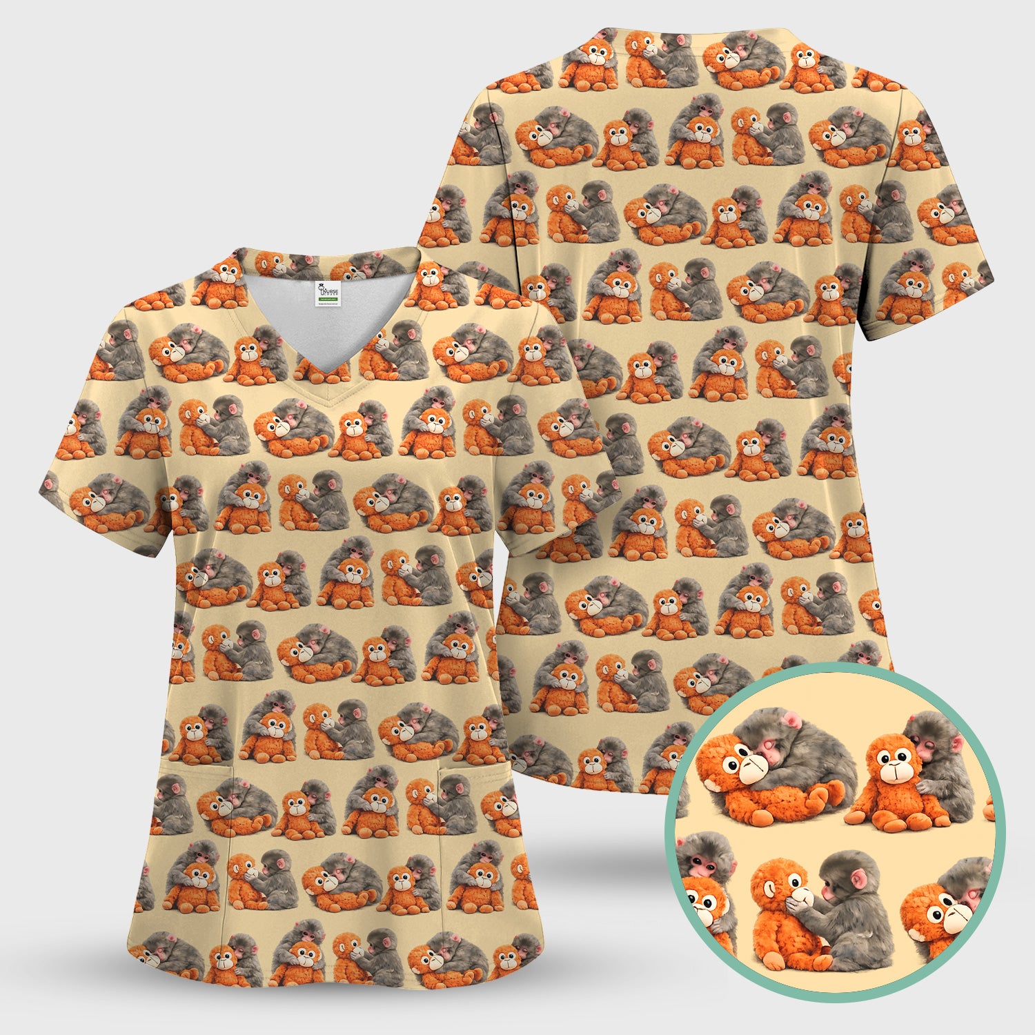 Cute Baby Monkey Plush Toy Animal Pattern Scrub Top, Breathable Medical Uniform Top