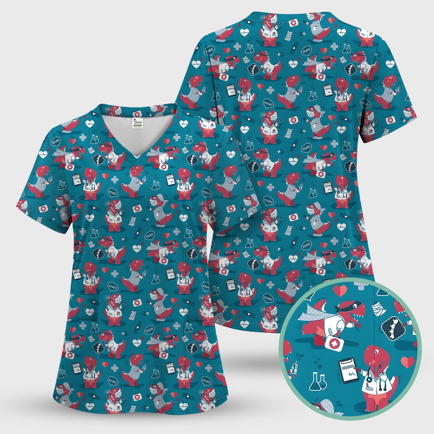 Cute Dinosaur Doctor Medical Pattern Scrub Top, Breathable Fabrics Nursing Uniform