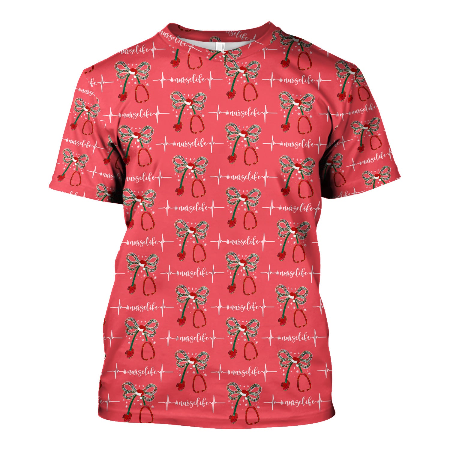 Personalized Funny Nurse Christmas Scrub Top - Stethoscope with Holiday Bow & Heartbeat Pattern - Gift for RN LPN CNA Healthcare Staff
