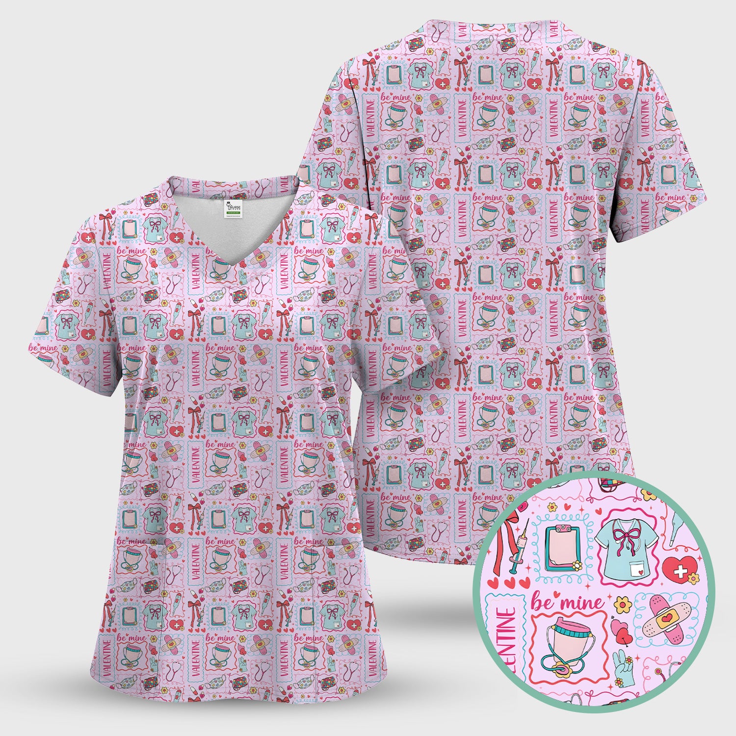 Valentine Medical Hearts Bandages Syringes Scrub Top, Comfortable Scrubs for Nurses