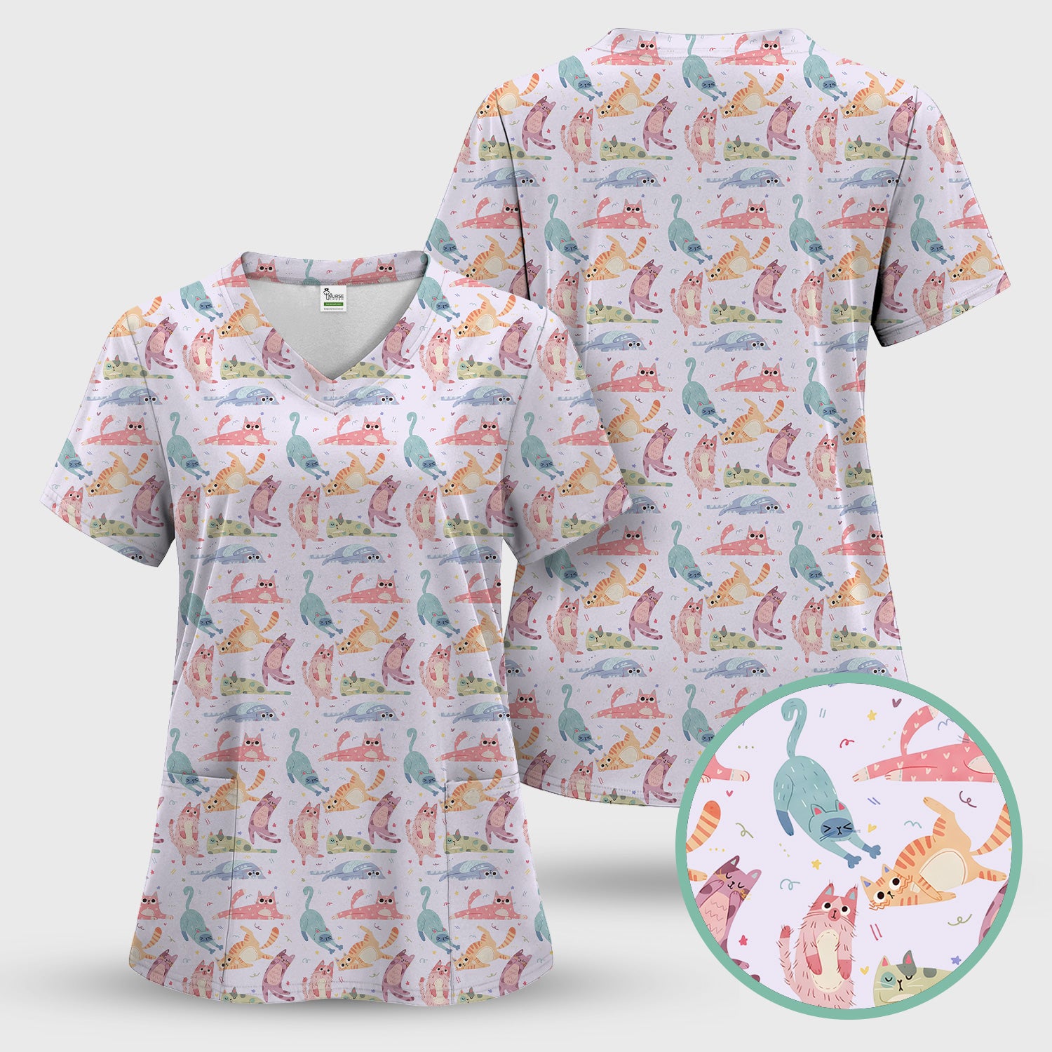 Funny Pastel Cat Pattern Medical Scrub Top, Breathable Fabrics Nursing Uniform