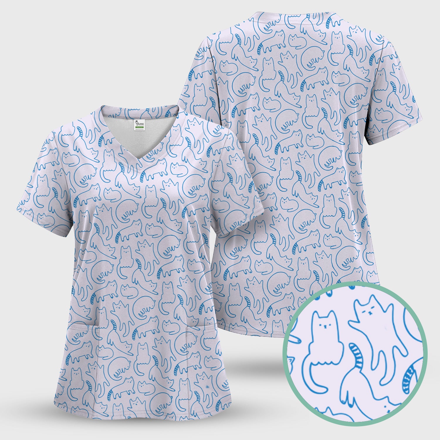 Artistic Cat Pattern Medical Scrub Top, Breathable Fabrics Nursing Uniform