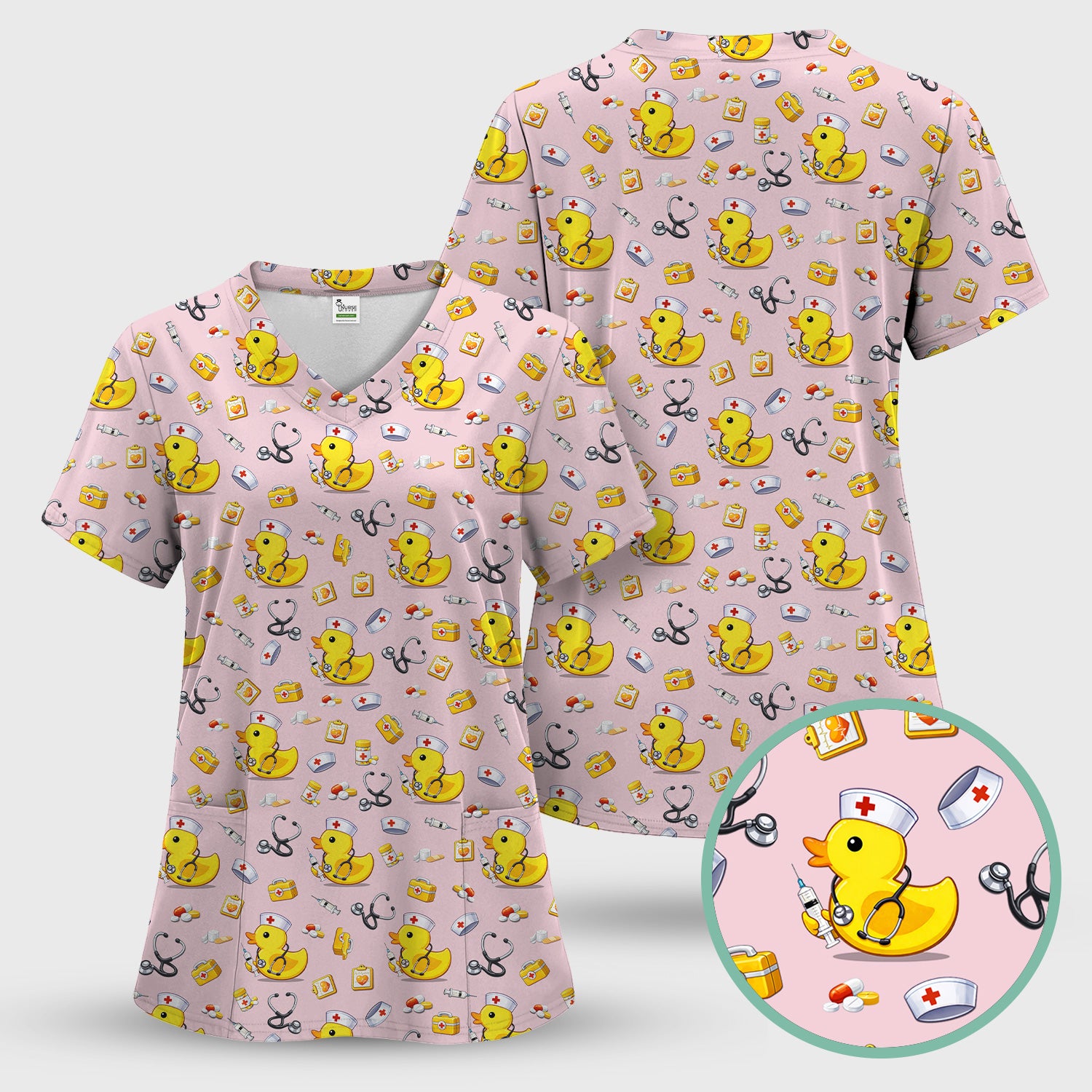 Playful Medical Duck Print Nurse Scrub Top, Comfortable Scrubs for Nurses