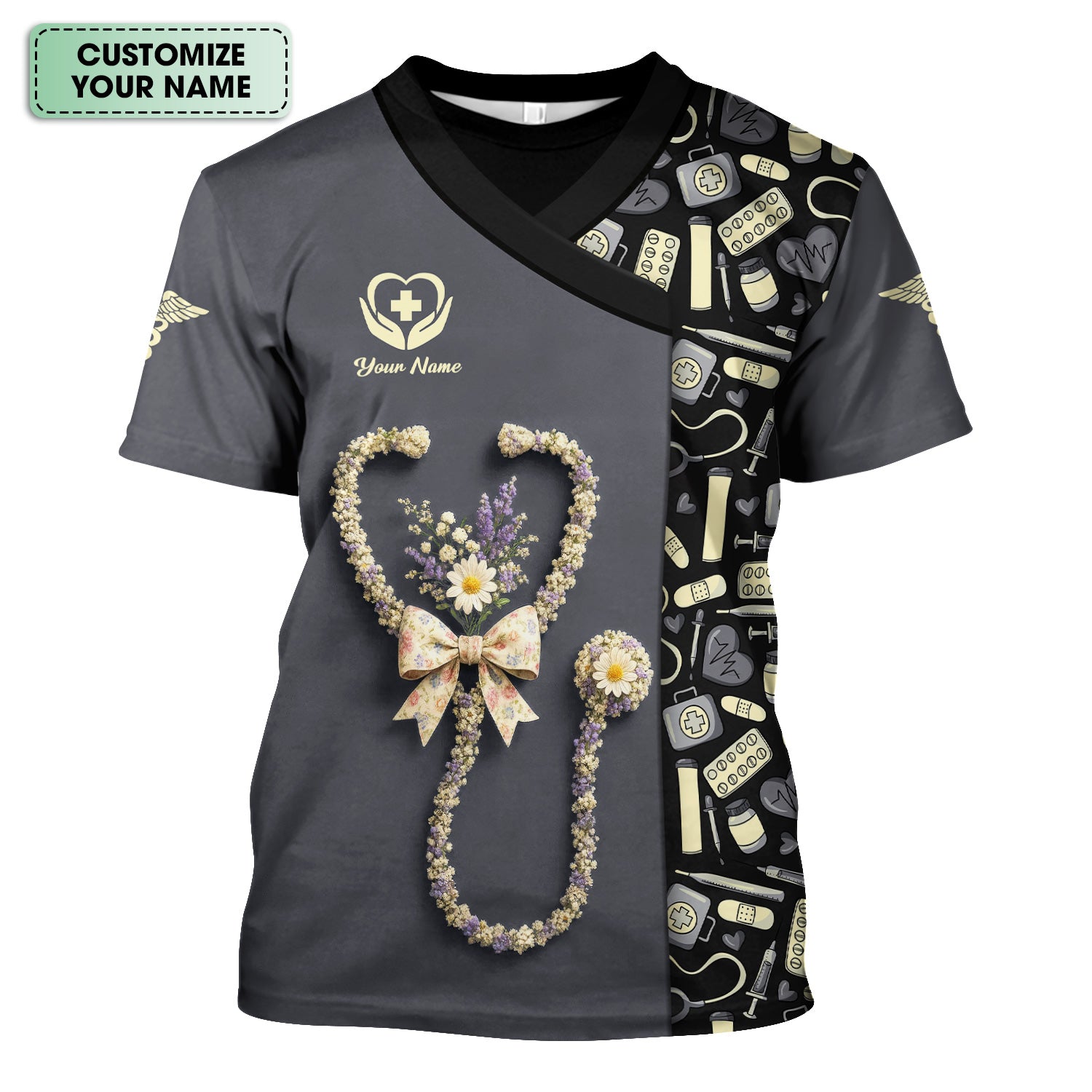 Colorful Nurse Scrubs for Women RN CNA LPN - Inspirational Floral Stethoscope Top with Heart Design - Gift for Healthcare Workers with Custom Name