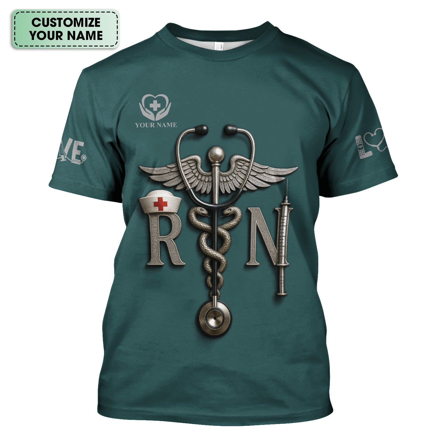 Personalized RN Nurse Shirt - Caduceus & Syringe Graphic - Custom Gift for Registered Nurse, CNA, LPN, or Medical Staff