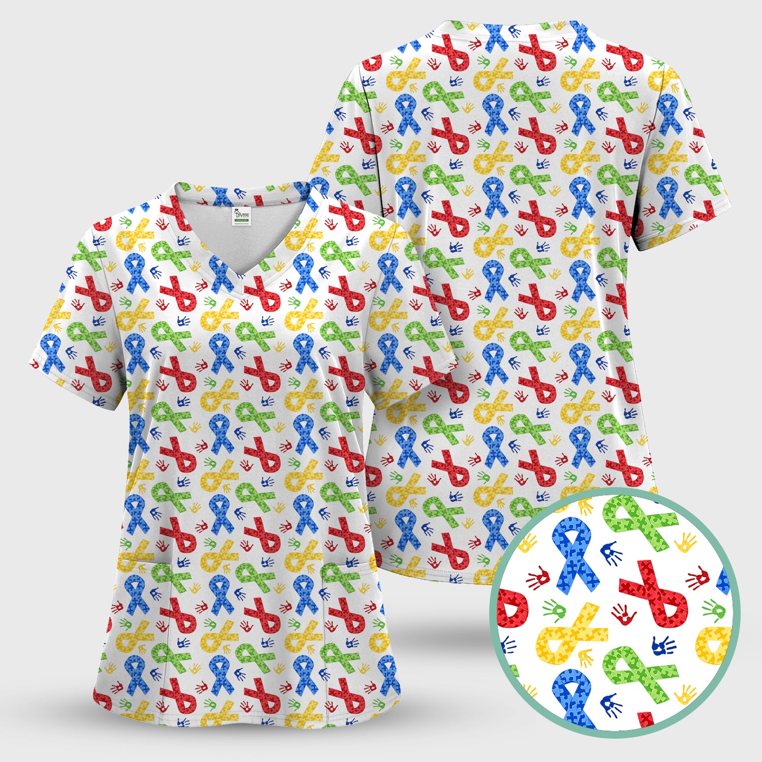 Multicolor Ribbon Pattern Print Scrub Top, Soft & Breathable Nurse Scrubs