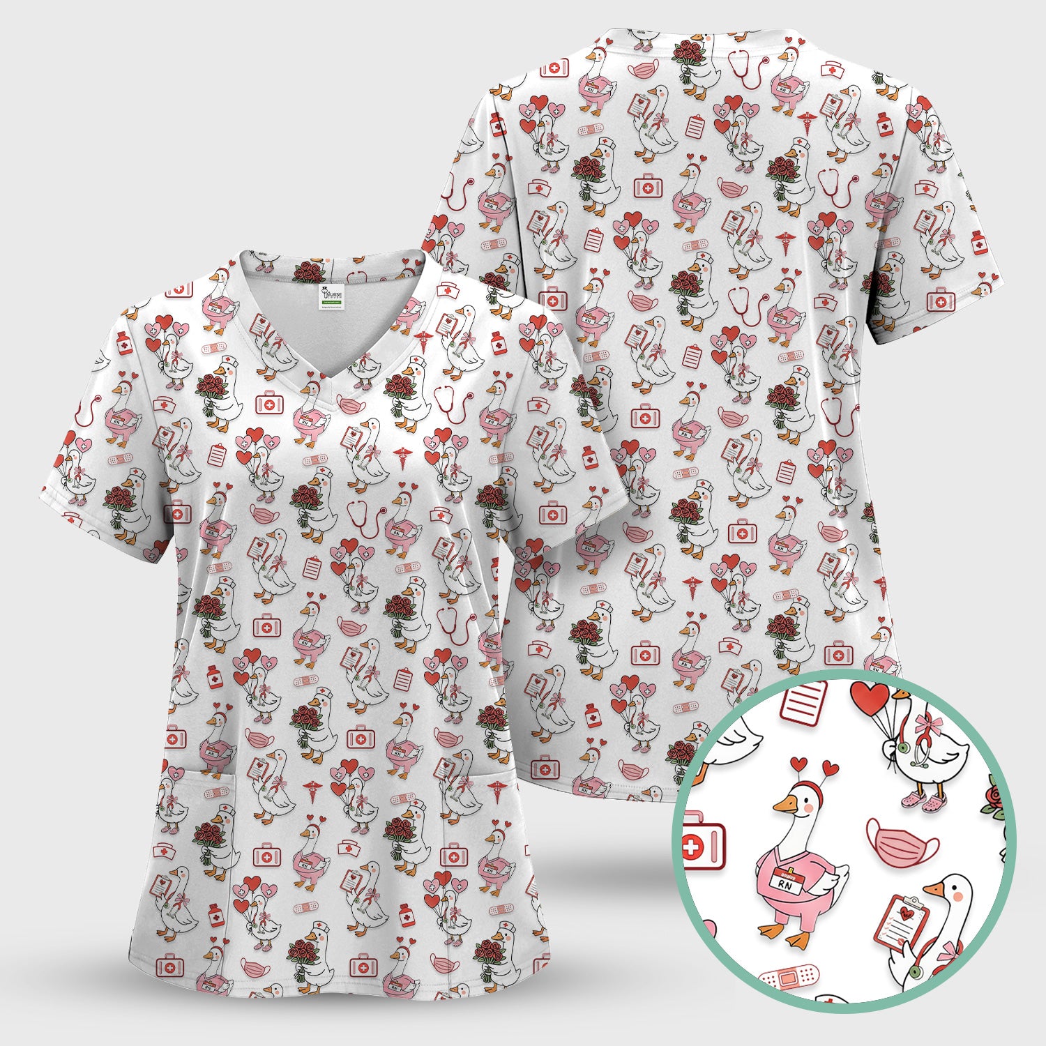 Cute Goose Nurse Medical Pattern Scrub Set, Women's Scrub Sets