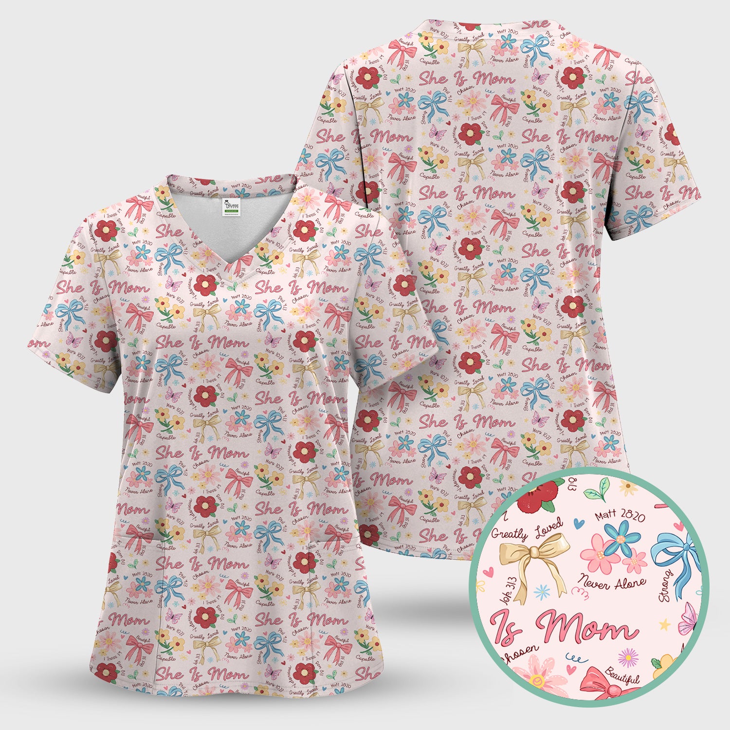 She Is Mom Floral Bow Pattern Scrub Top, Comfortable Scrubs for Nurses