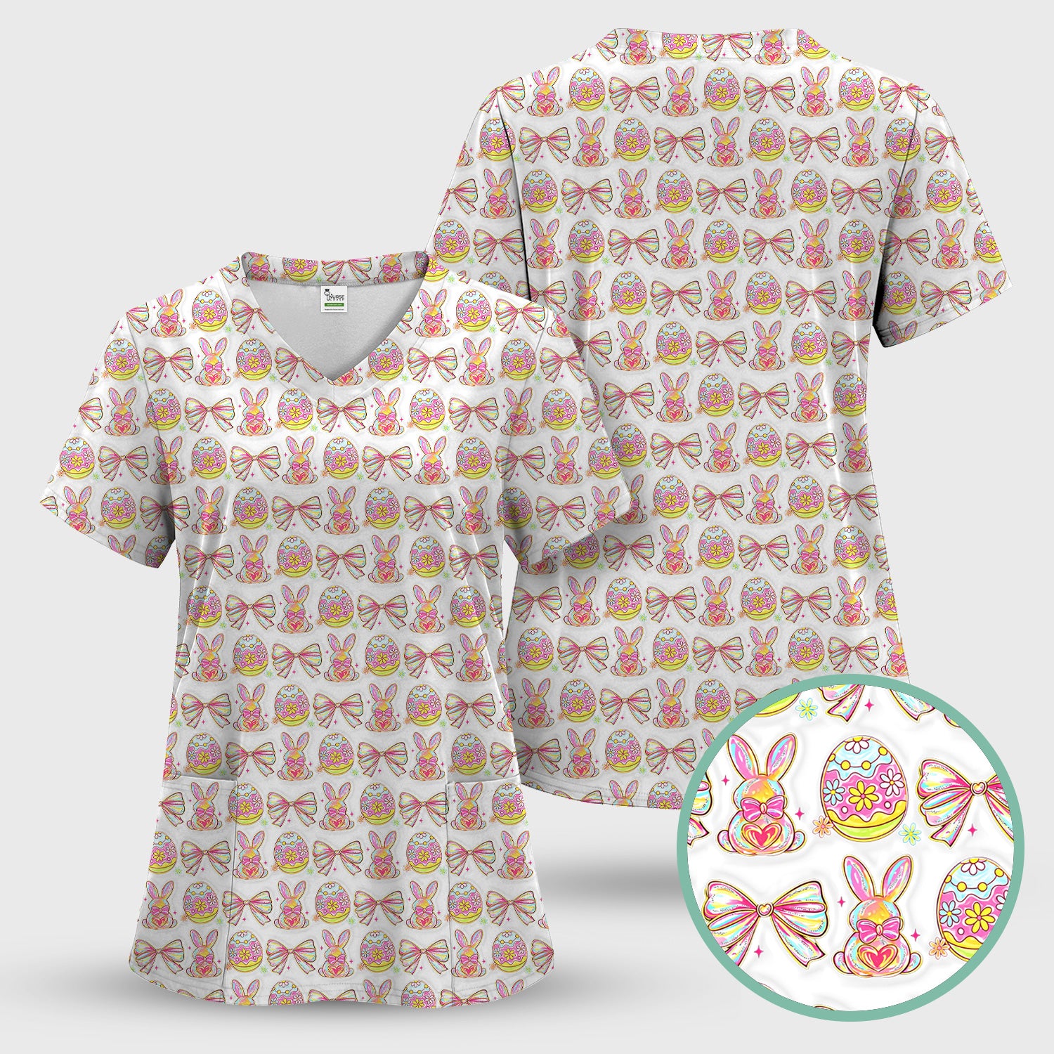 Easter Bunny Pastel Egg Bow Pattern Scrub Top, Breathable Fabrics Nursing Uniform