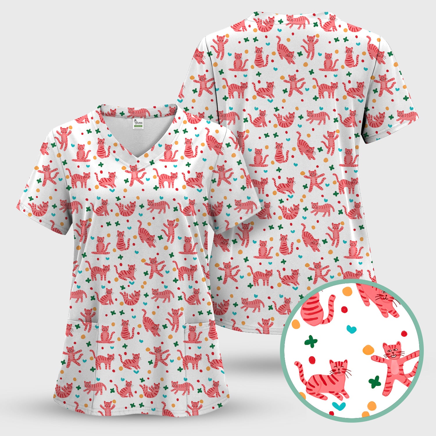 Cute Pink Cat Pattern Scrub Top, Comfortable Scrubs for Nurses
