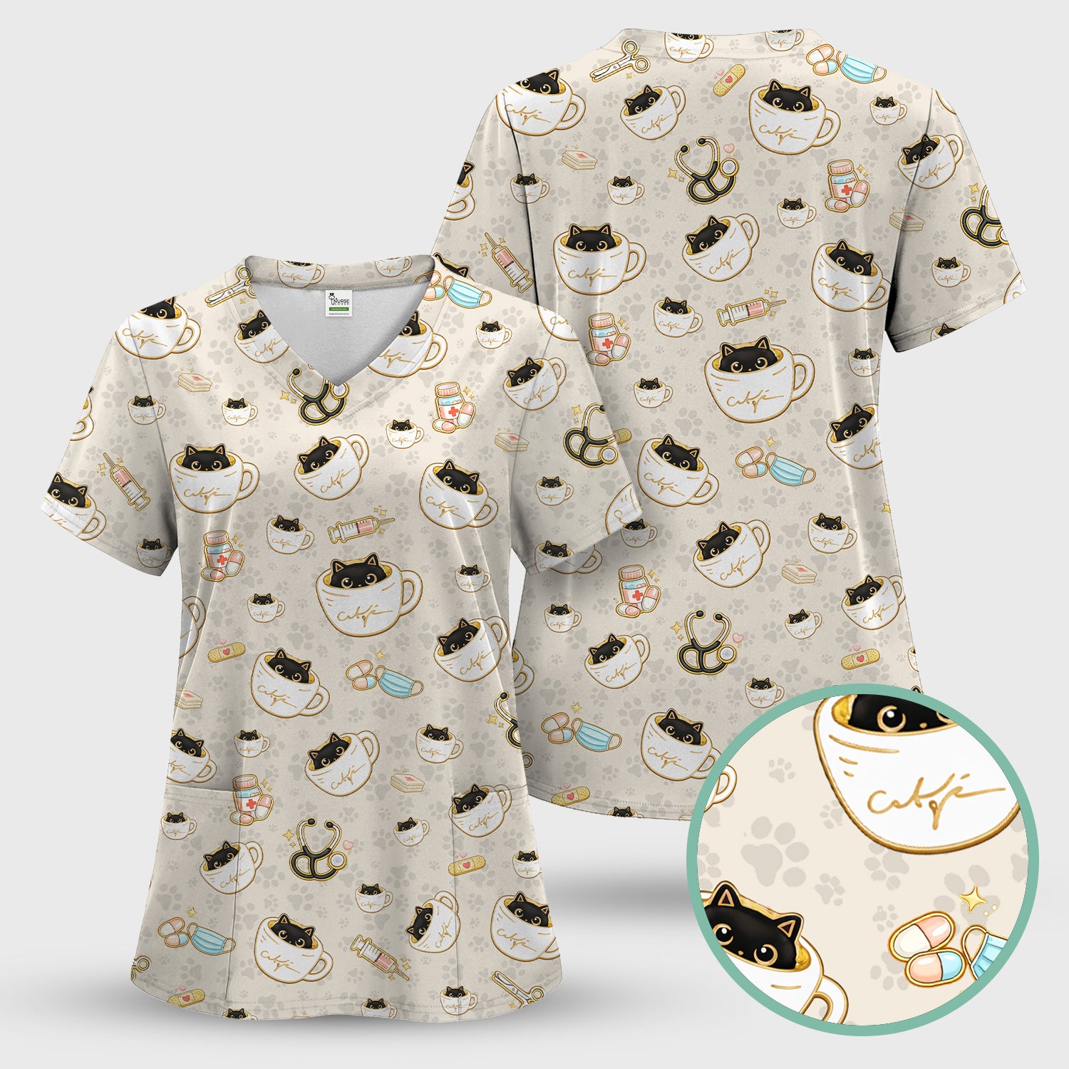 Cute Coffee Cat Medical Print Scrub Top, Breathable Fabrics Nursing Uniform