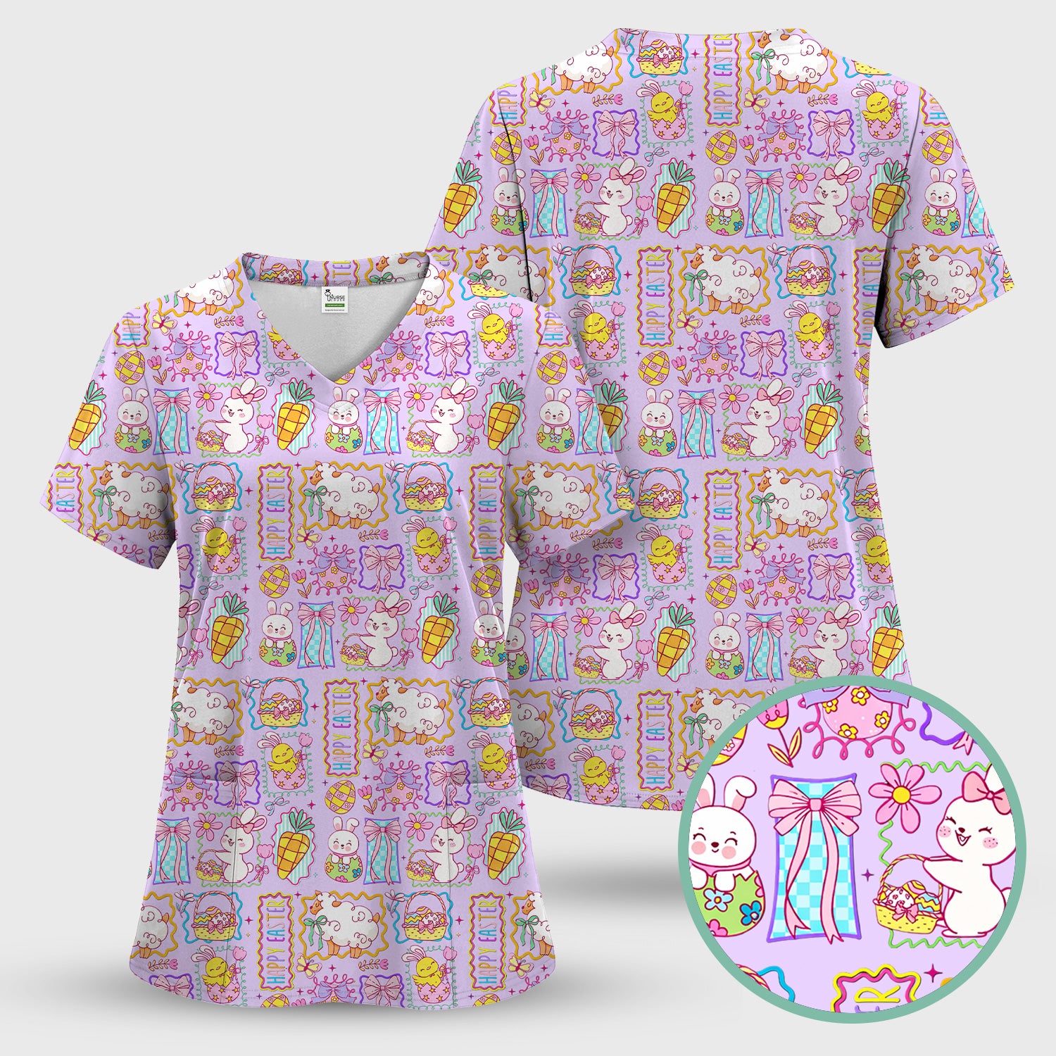 Cute Easter Bunny Egg and Bow Print Scrub Top, Breathable Fabrics Nursing Uniform