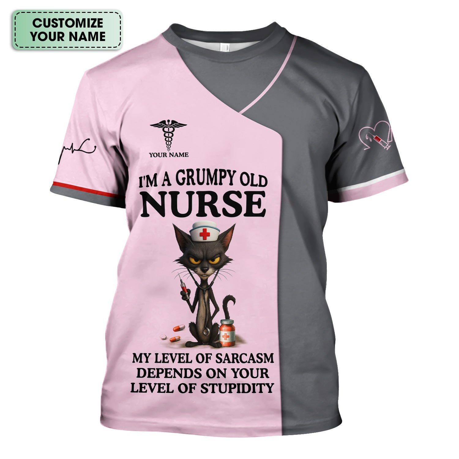 Sarcastic Grumpy Old Nurse Shirt - Black Cat Humo & Caduceus Symbol Design - Personalized Gift for RN LPN CNA Healthcare Workers